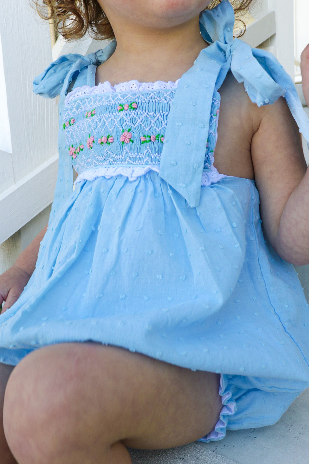 Girls Blue Swiss Dot Smocked Bubble