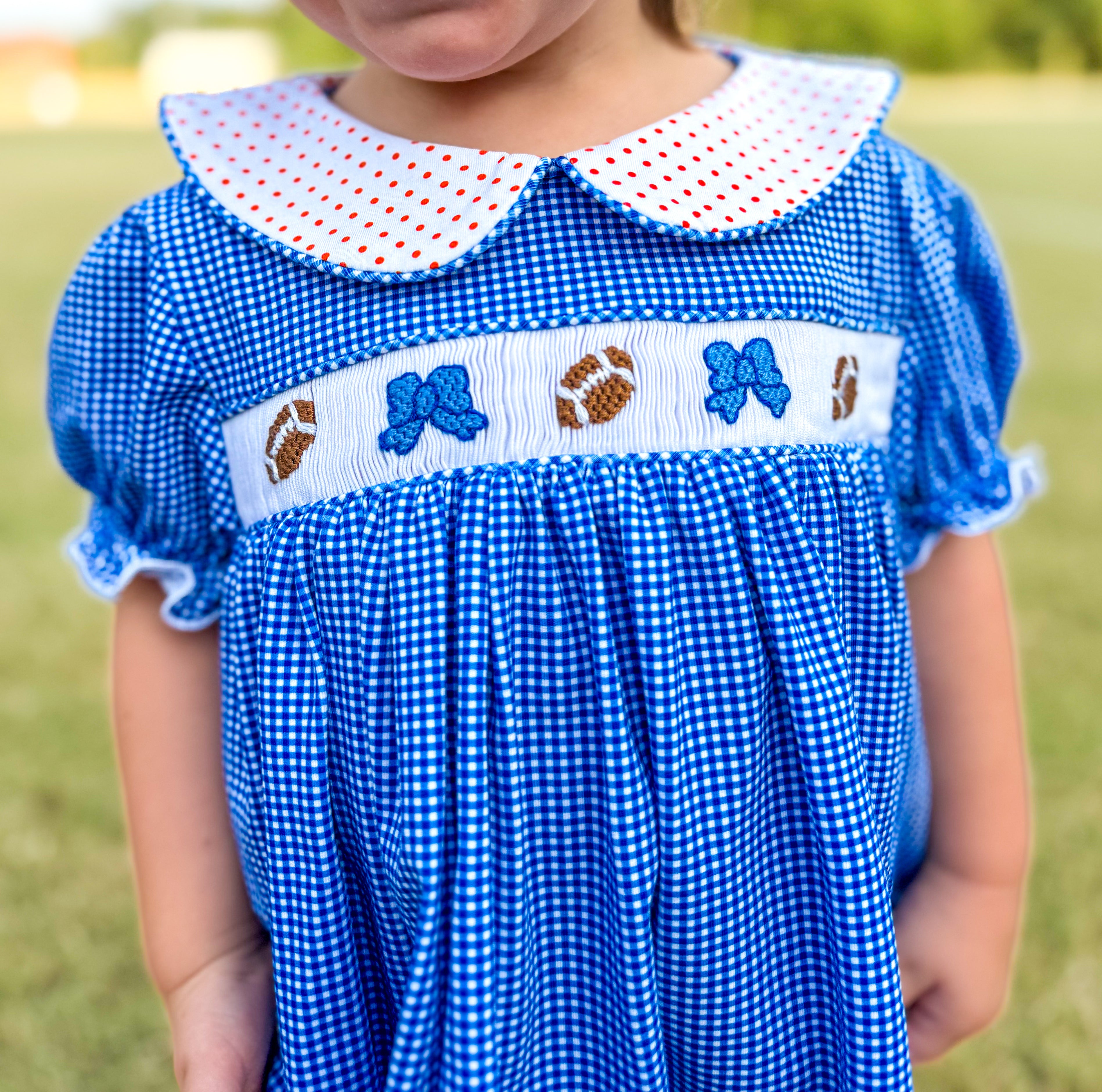 Royal Blue and Orange Dot Smocked Footballs and Bows Bloomer Set