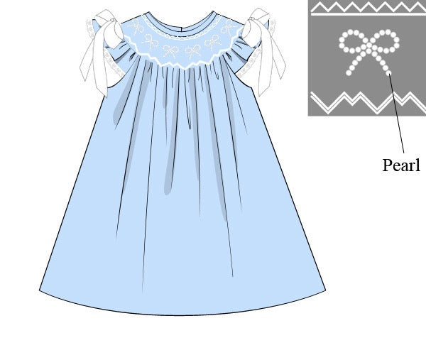 Girls Blue Smocked Pearl Bows Dress