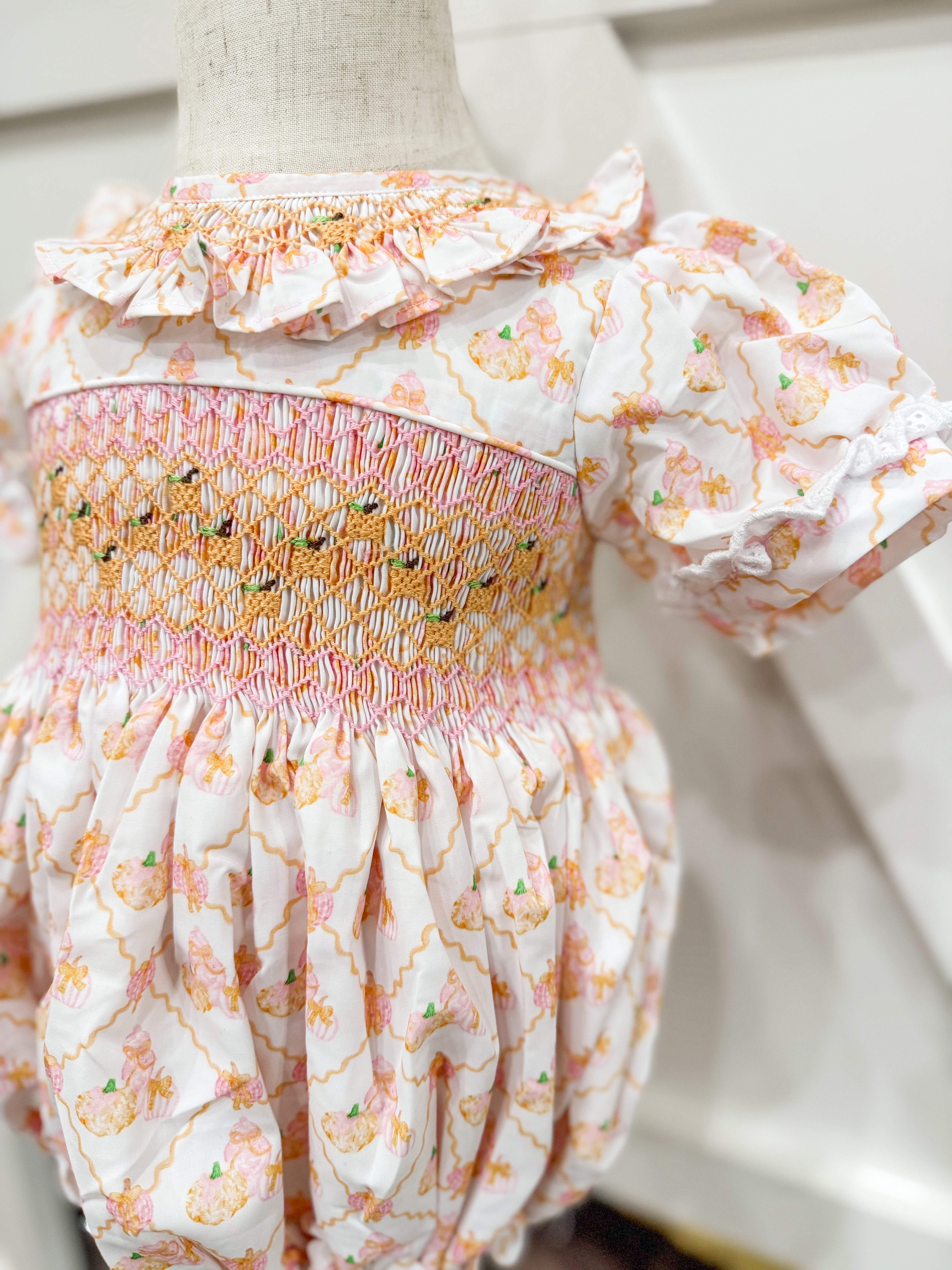 Girls Pumpkin Heirloom Smocked Bubble