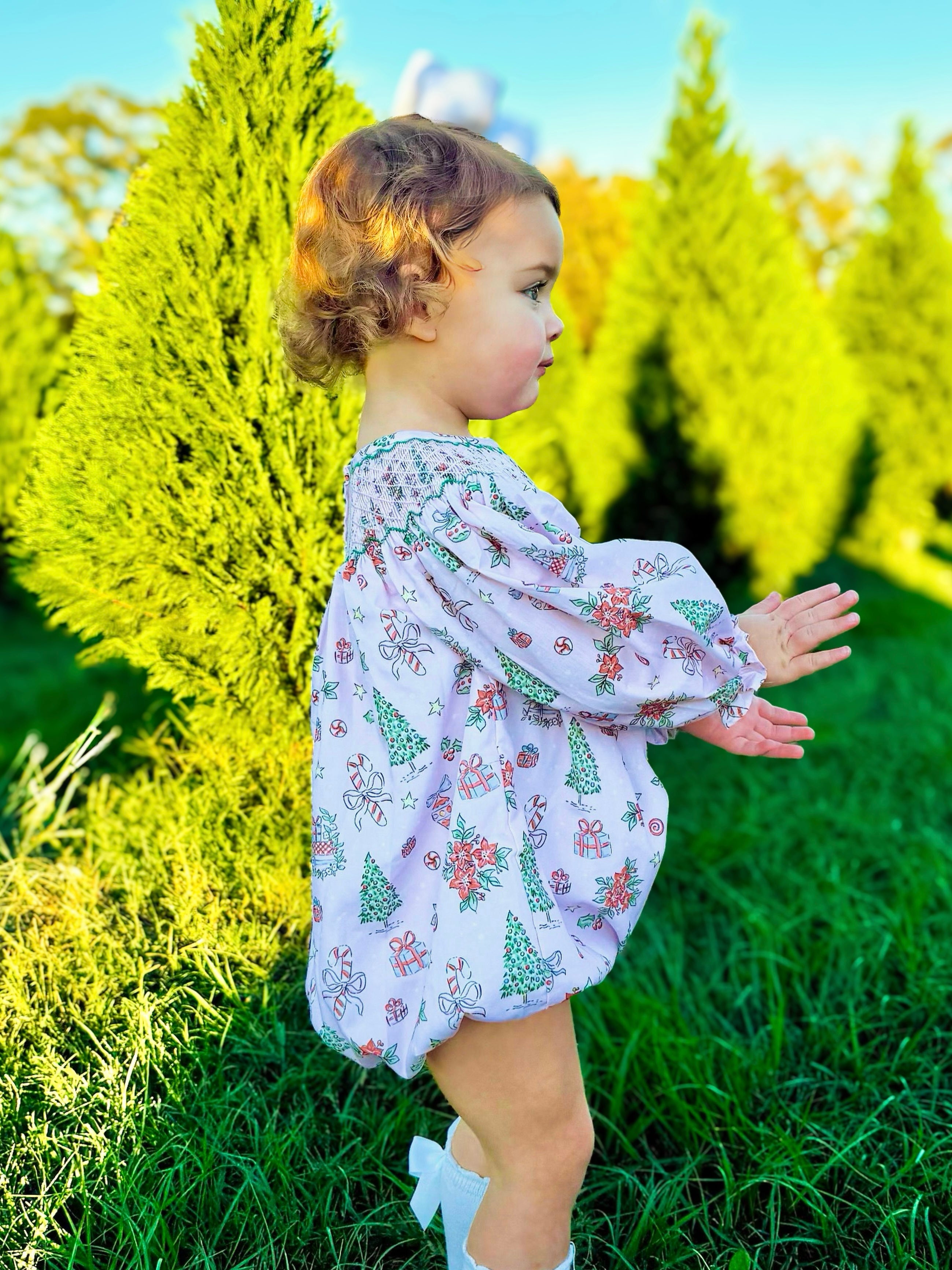Girls Smocked Antique Christmas Print Bubble RTS