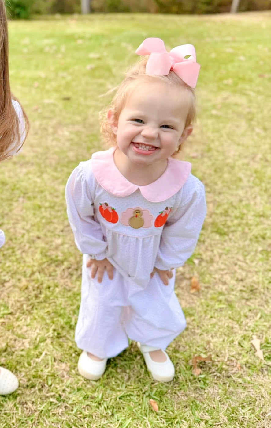 Girls Pink Dot Turkey Pumpkin Appliqué Ruffle Romper RTS