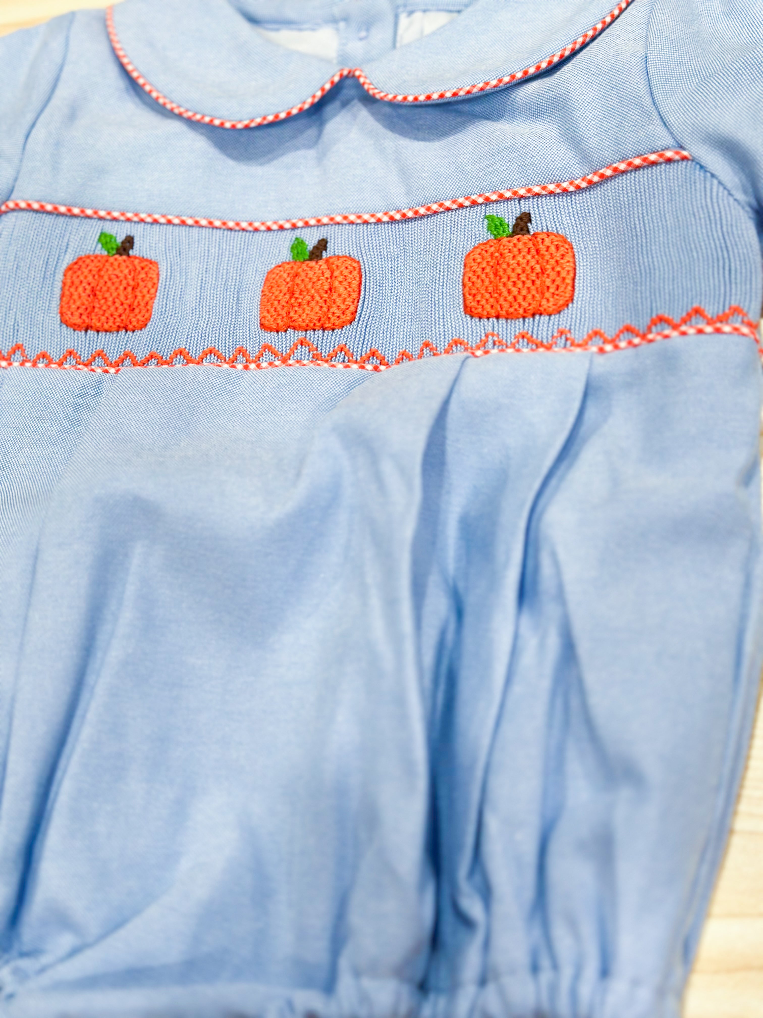 Boys Blue Oxford Smocked Pumpkin Bubble RTS