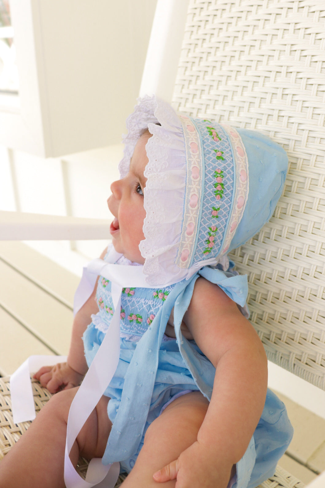 Girls Blue Swiss Dot Smocked Bonnet