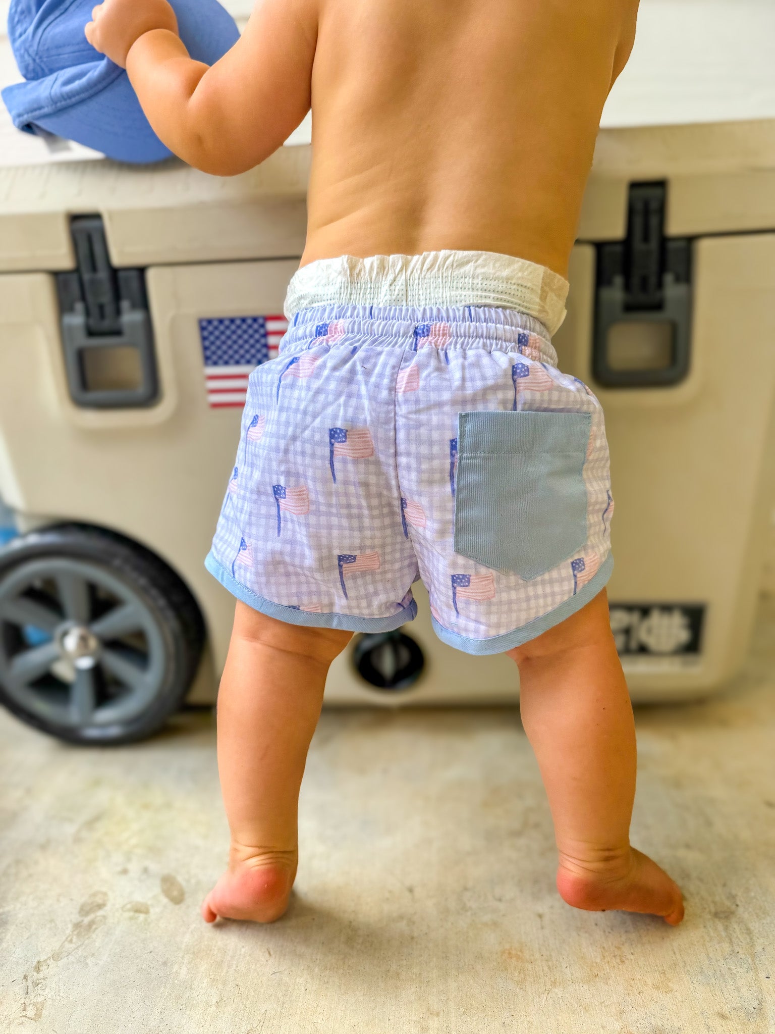 Boys Gingham Flag Swim Trunks