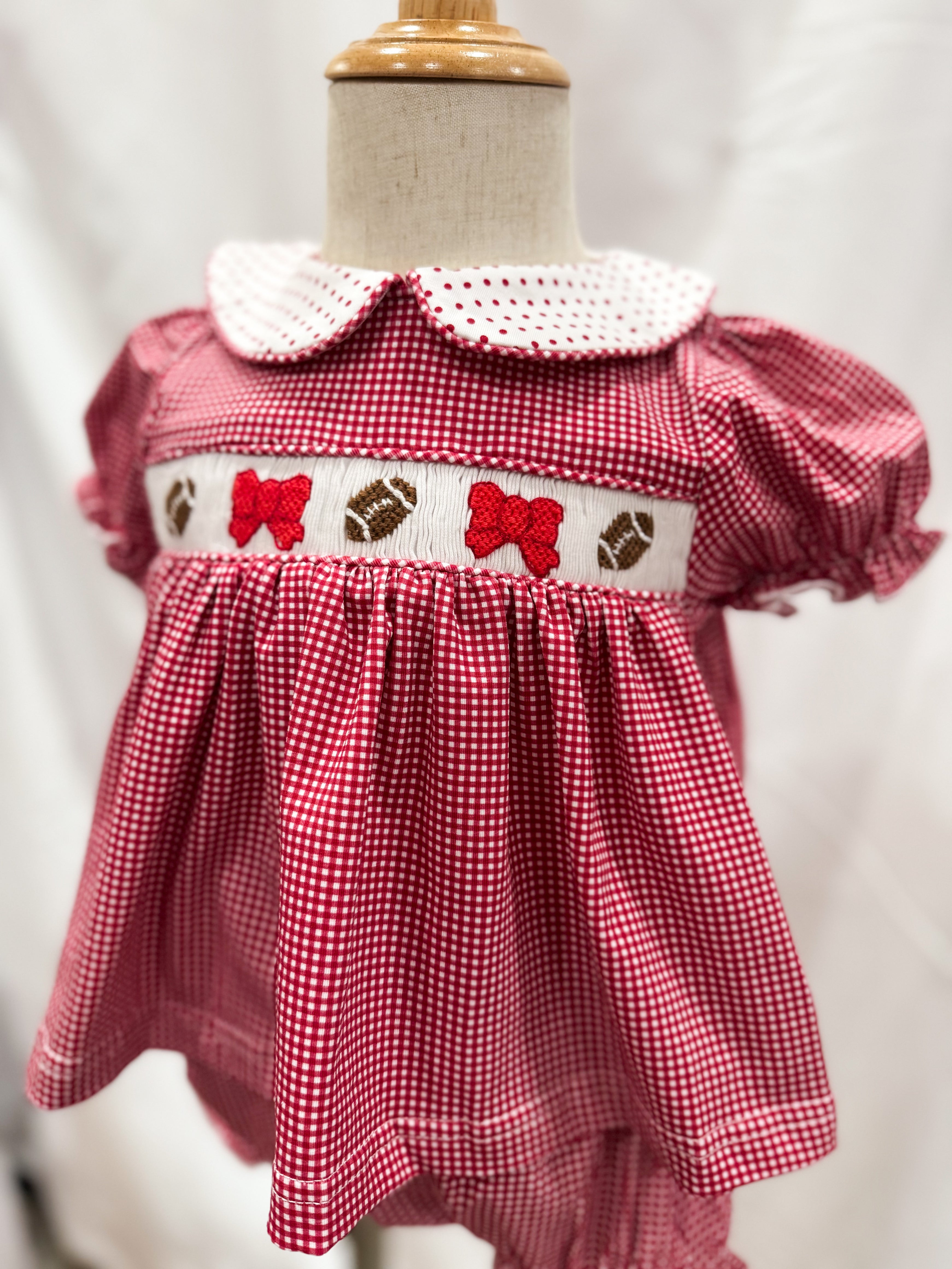 Maroon Smocked Footballs and Bows Bloomer Set