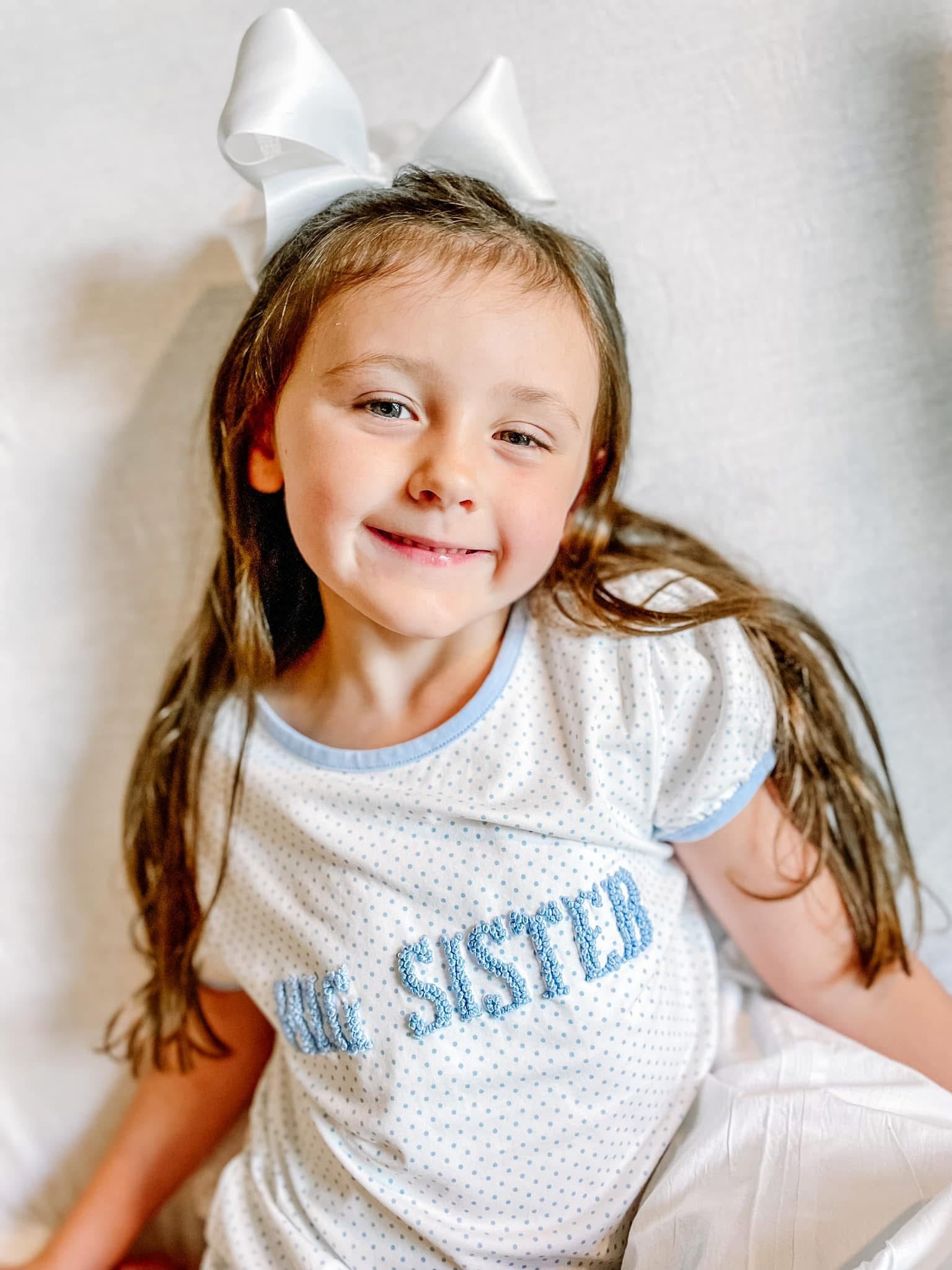 Girls Blue BIG SISTER French Knot Knit Dress Little Bluebird Smocks Girls Blue BIG SISTER French Knot Knit Dress Little Bluebird Smocks