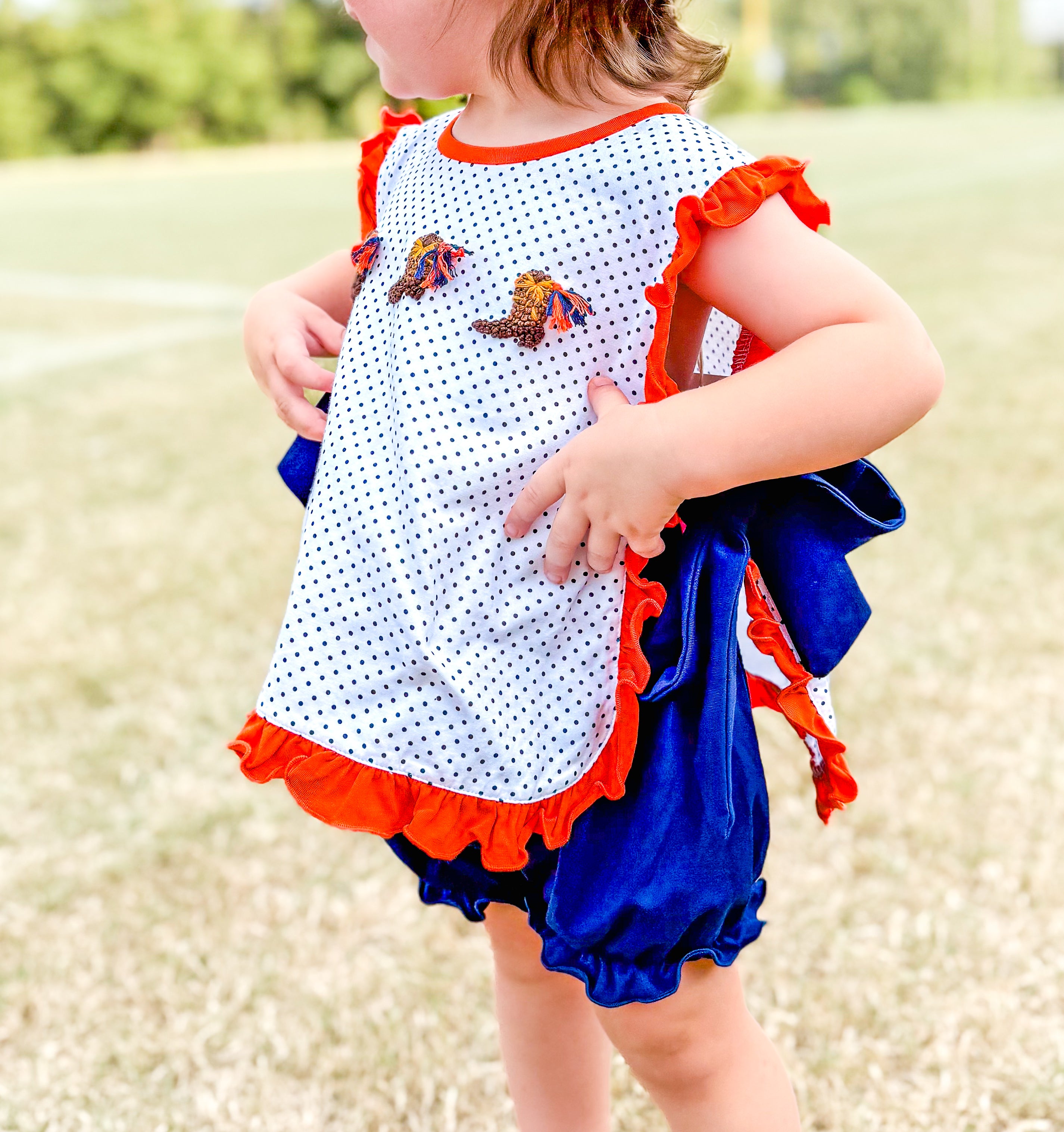 Orange & Navy French Knot Pom Pom Boots Bloomer Set