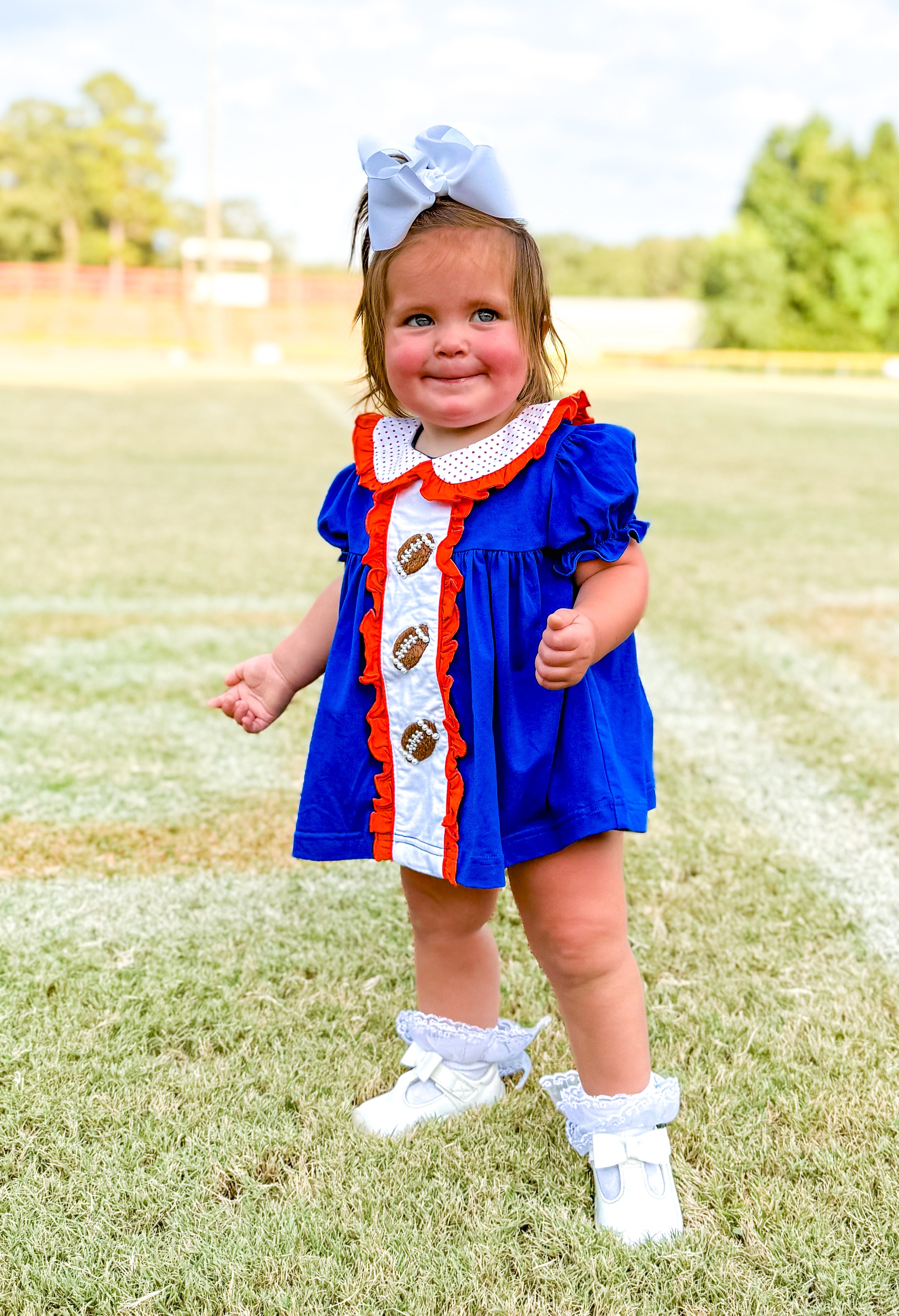 Orange/Royal Blue Pearl Hand Embroidered Footballs Bloomer Set