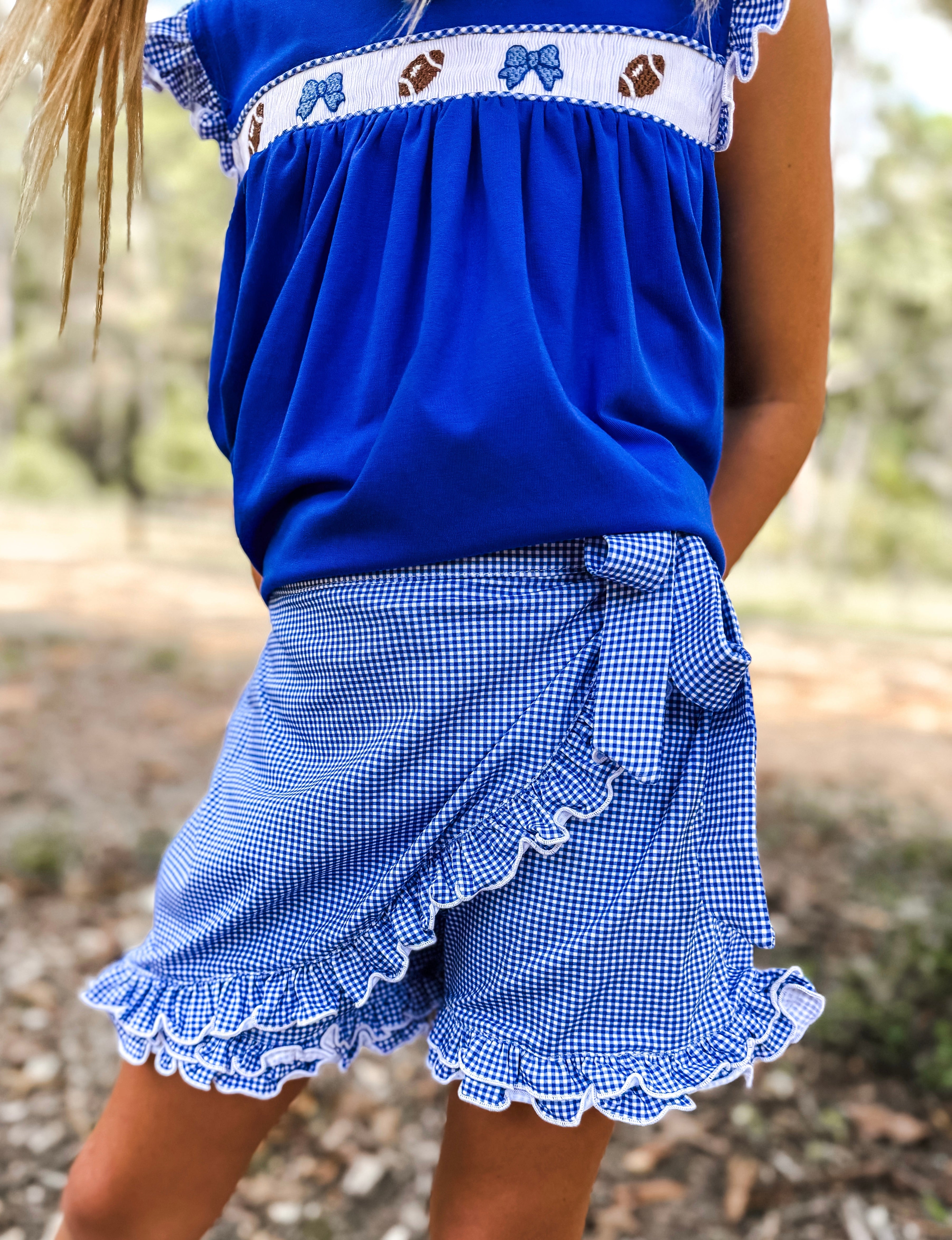 Royal Blue Smocked Footballs and Bows Tie Skort