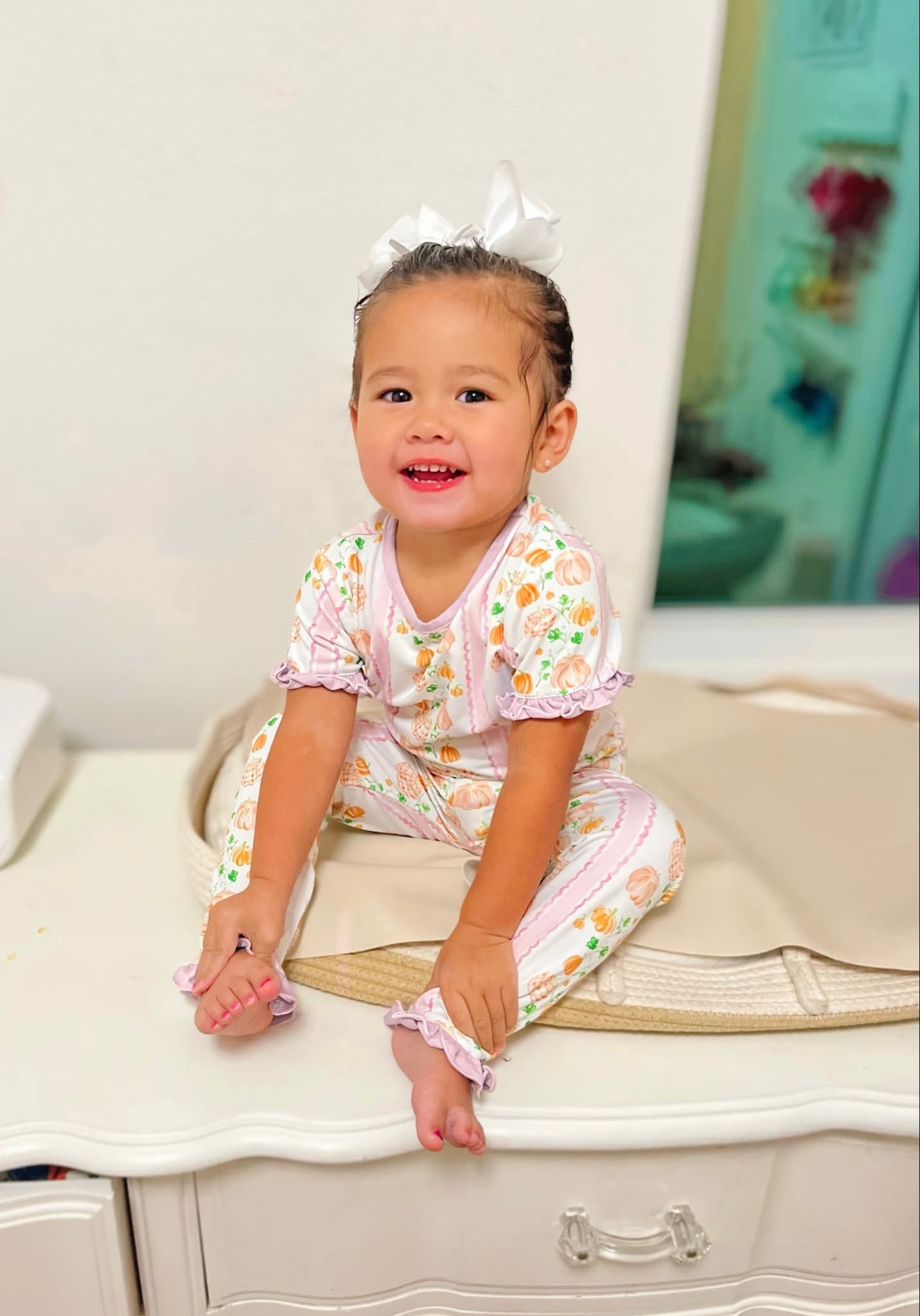 Girls Pink Scallop Pumpkins Pajama Set RTS
