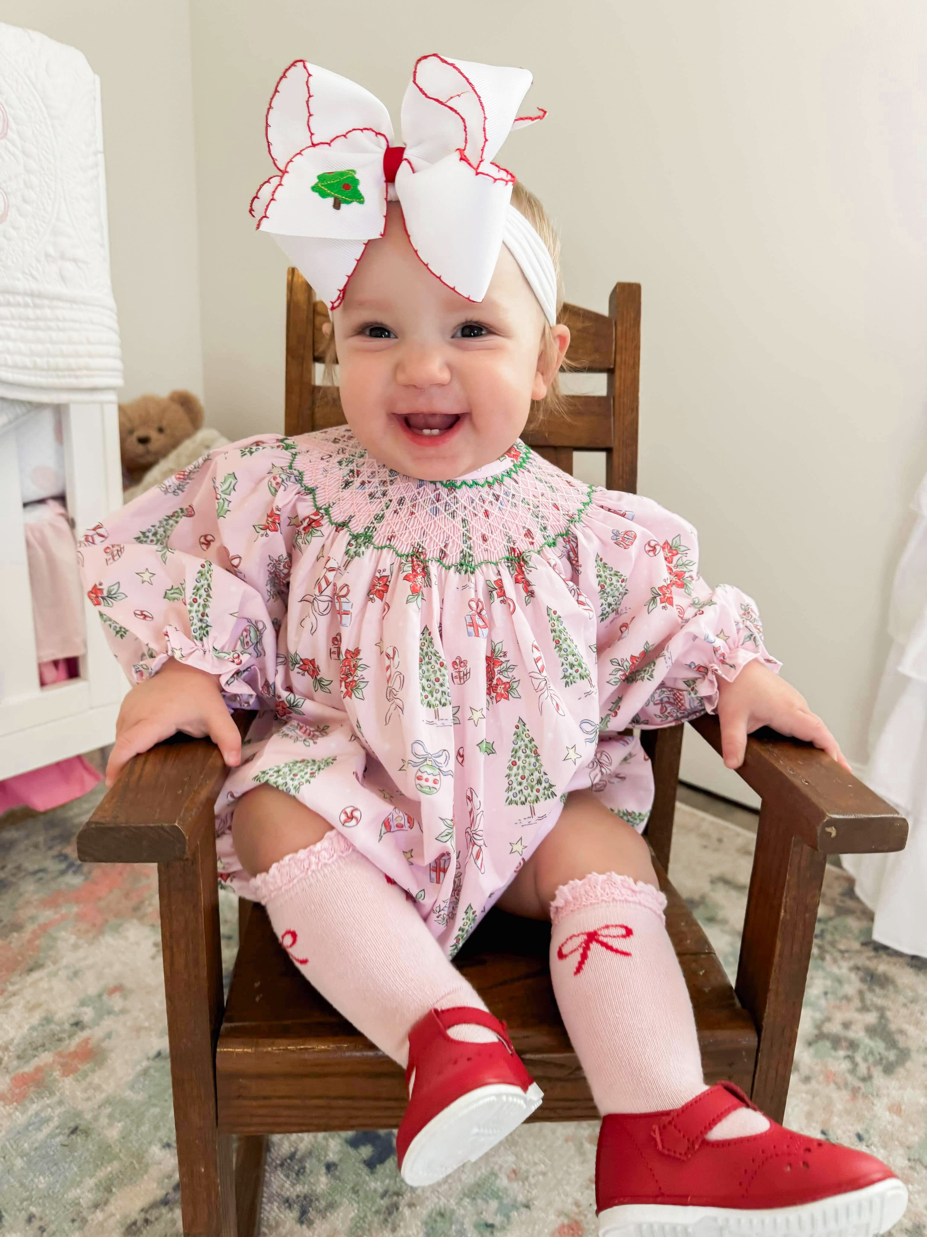Girls Smocked Antique Christmas Print Bubble RTS