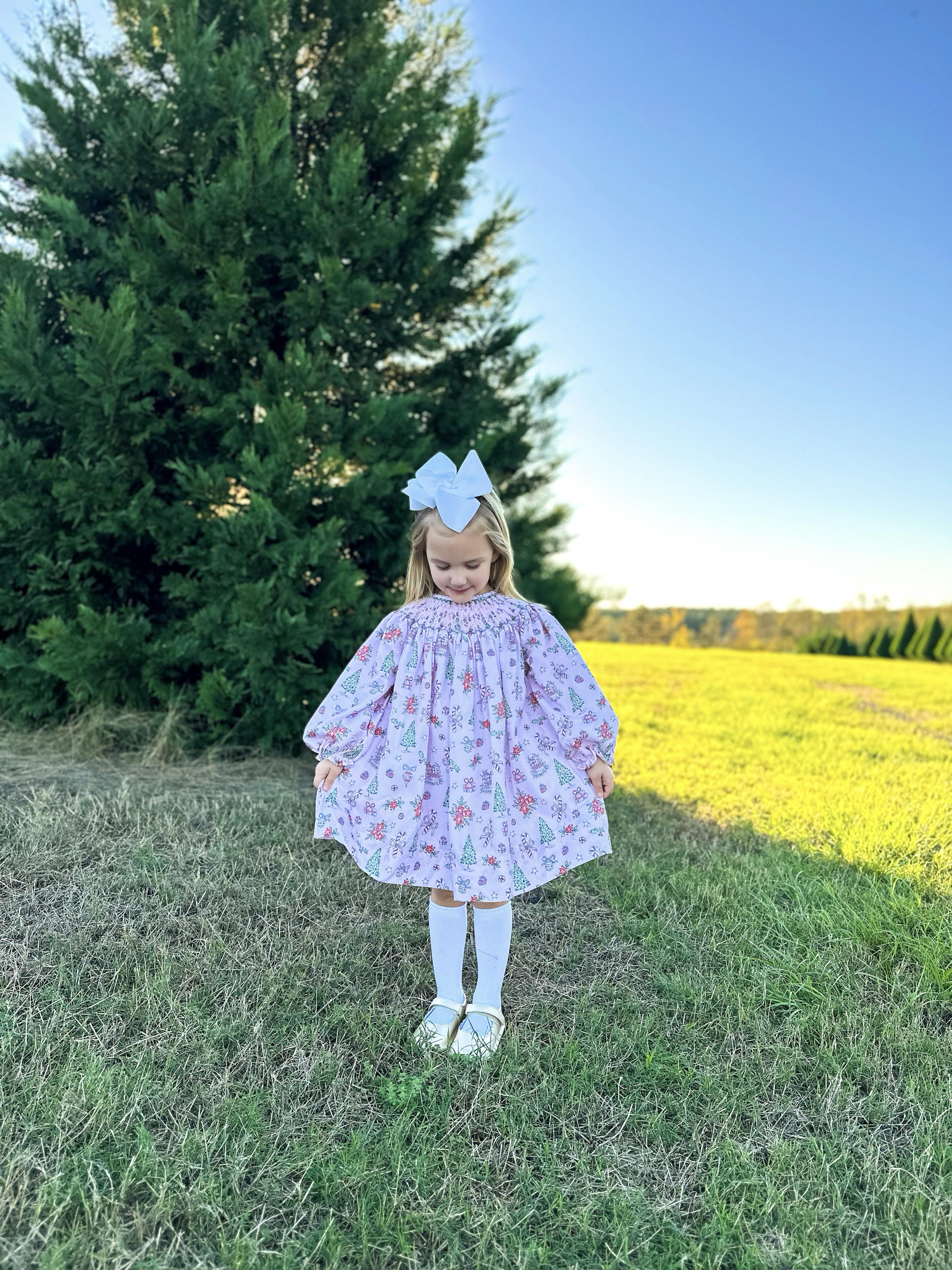 Girls Smocked Antique Print Christmas Dress RTS