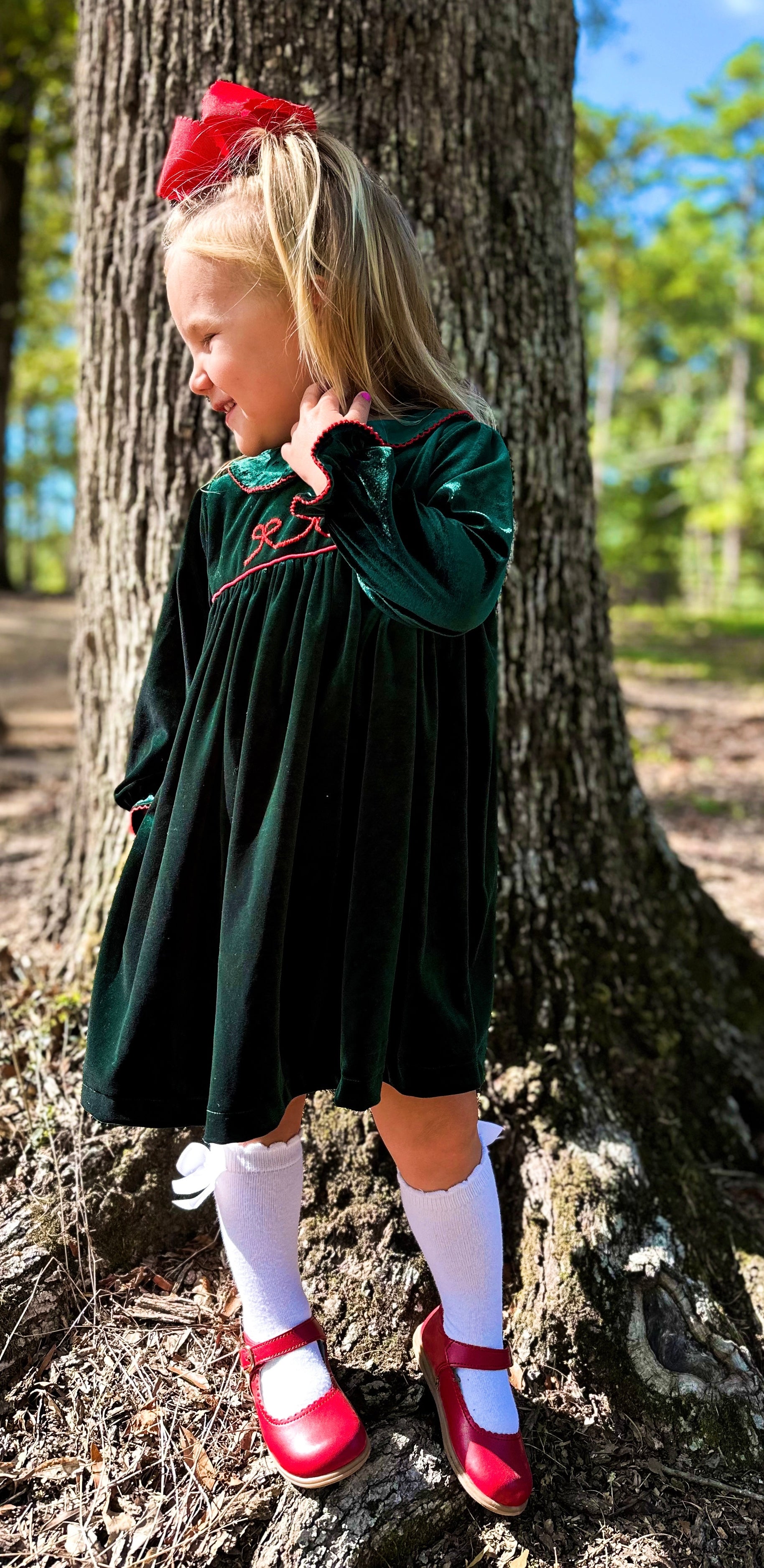 Girls Green Velvet Bow Embroidered Bloomer Set/ Dress RTS