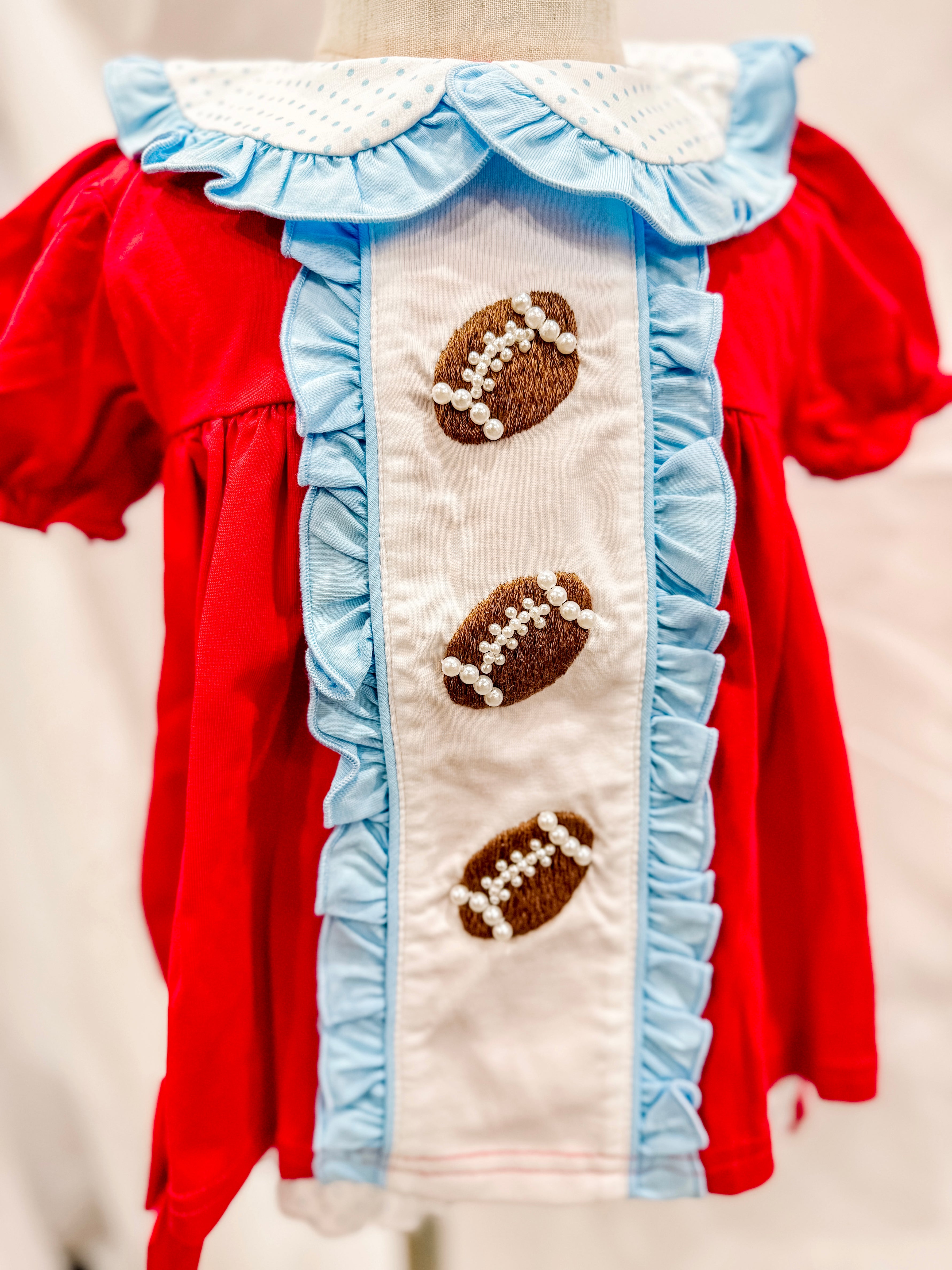 Red & Powder Blue Hand Embroidered Pearl Footballs Bloomer Set