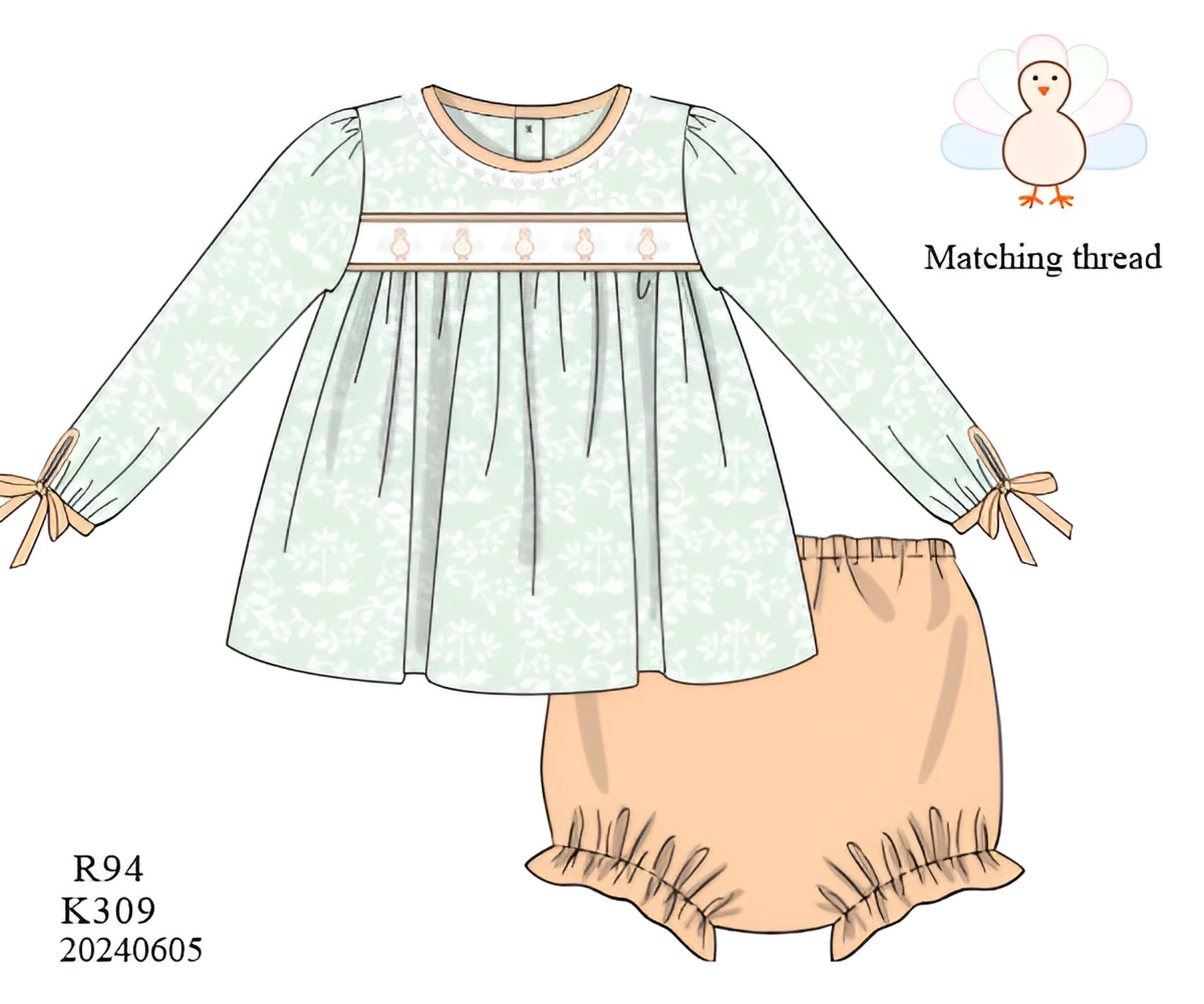 Girls Embroidered Turkeys Bloomer Set (and dress) RTS