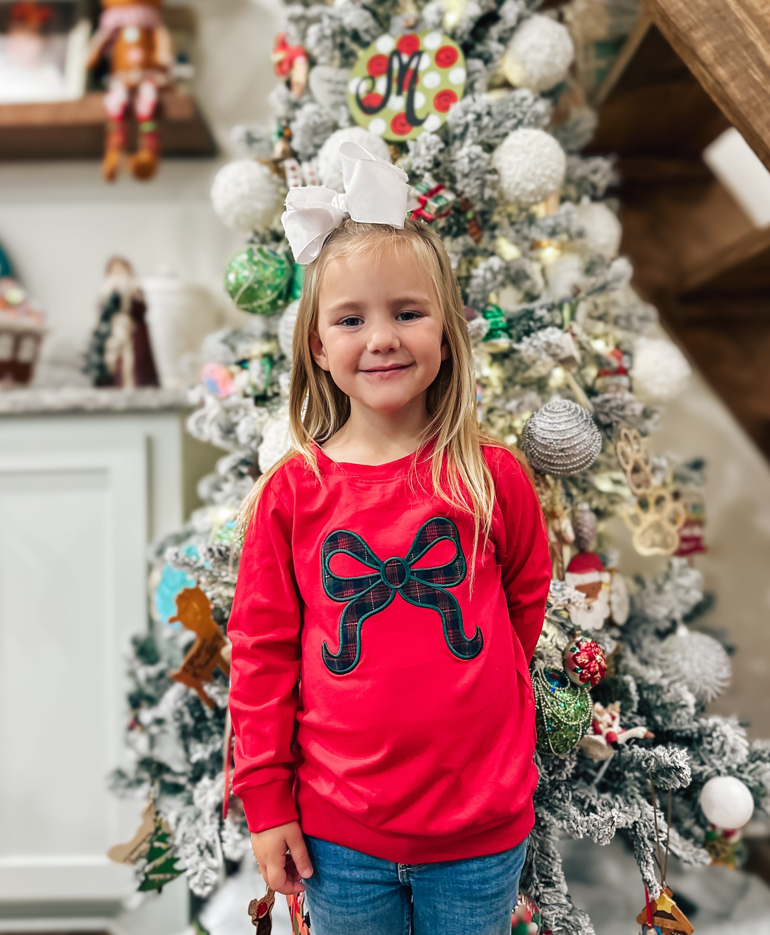 Girls Plaid Bow Appliqué Thin Pullover RTS
