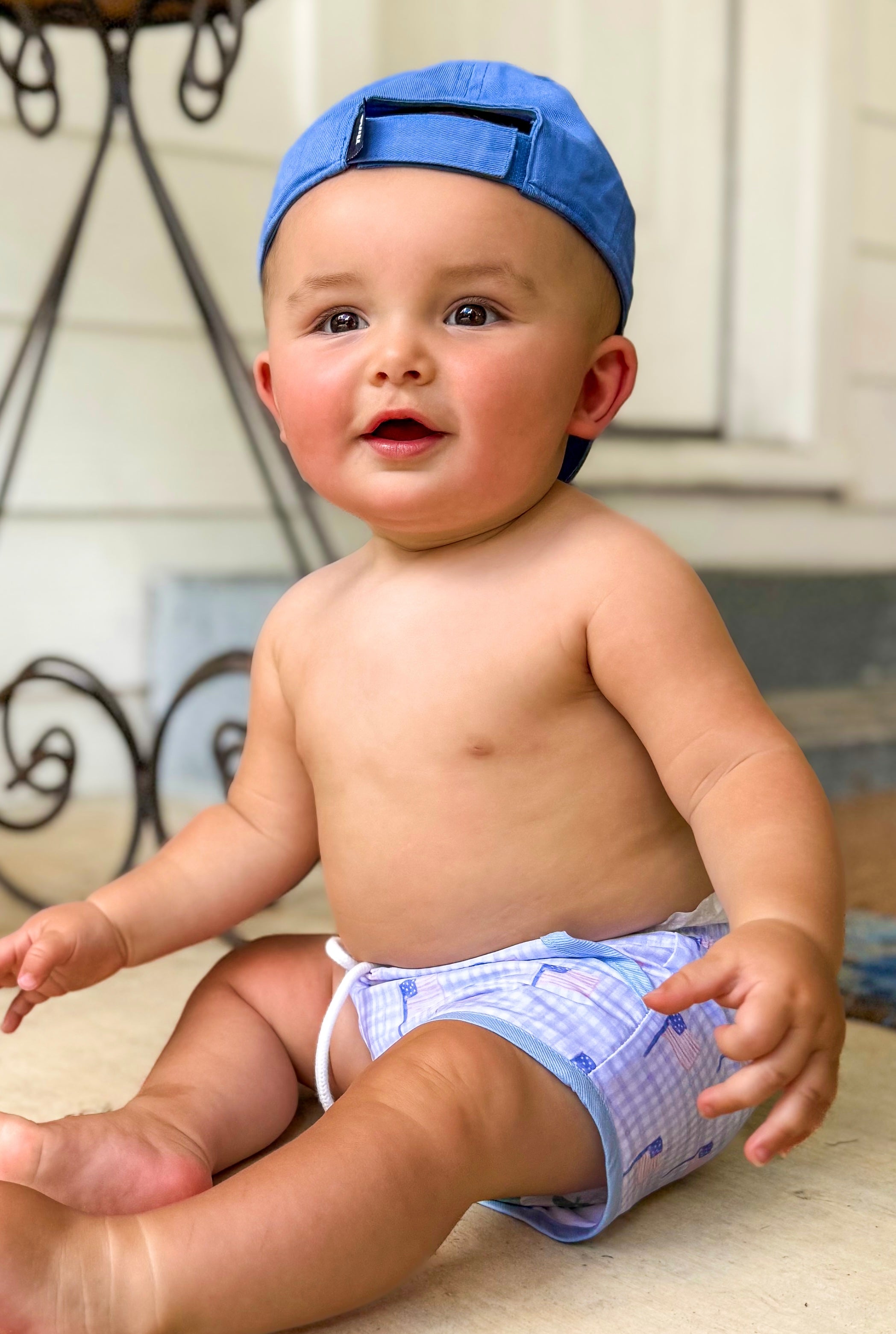 Boys Gingham Flag Swim Trunks