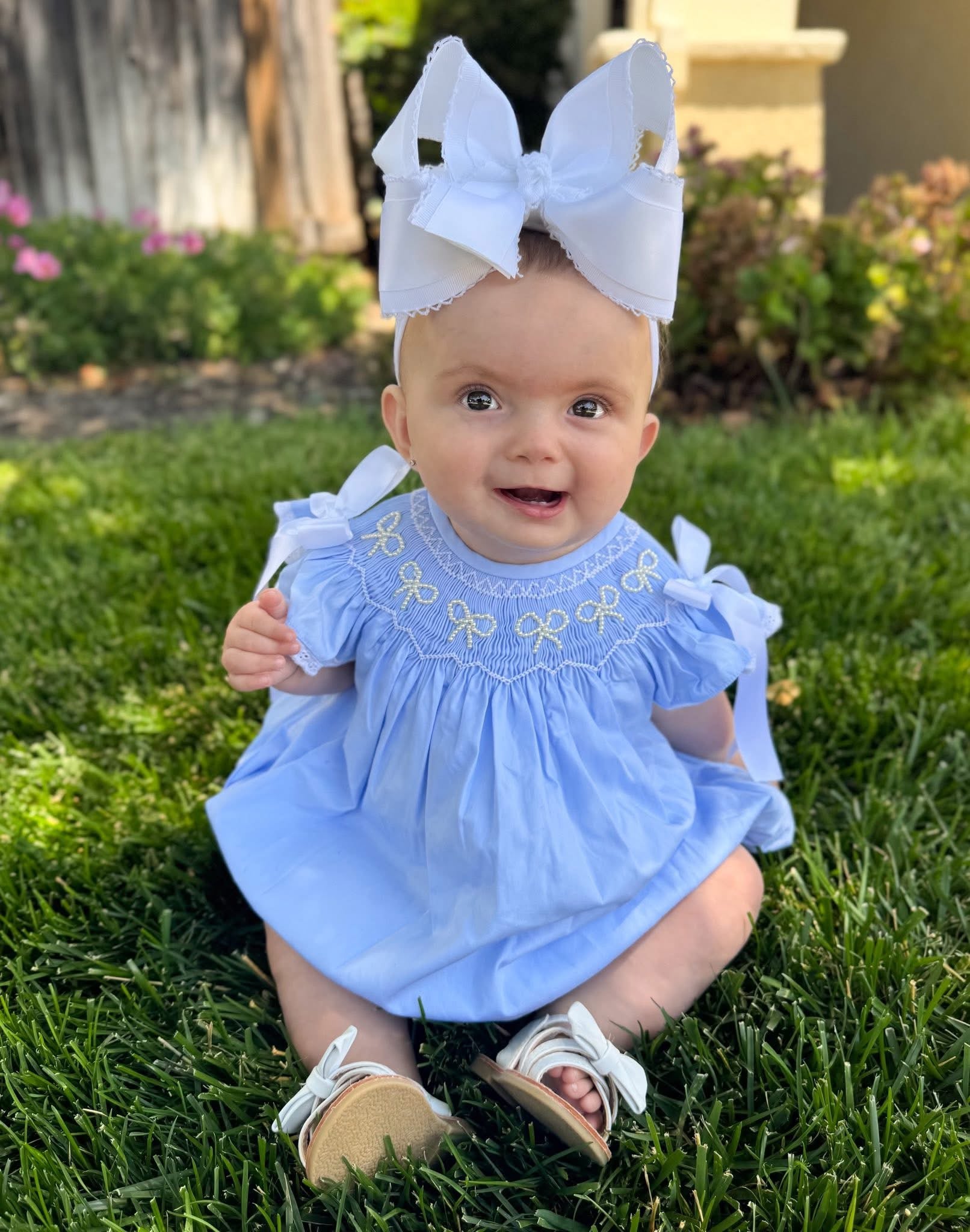 PRE ORDER Girls Blue Smocked Pearl Bows Bubble ETA: MAY