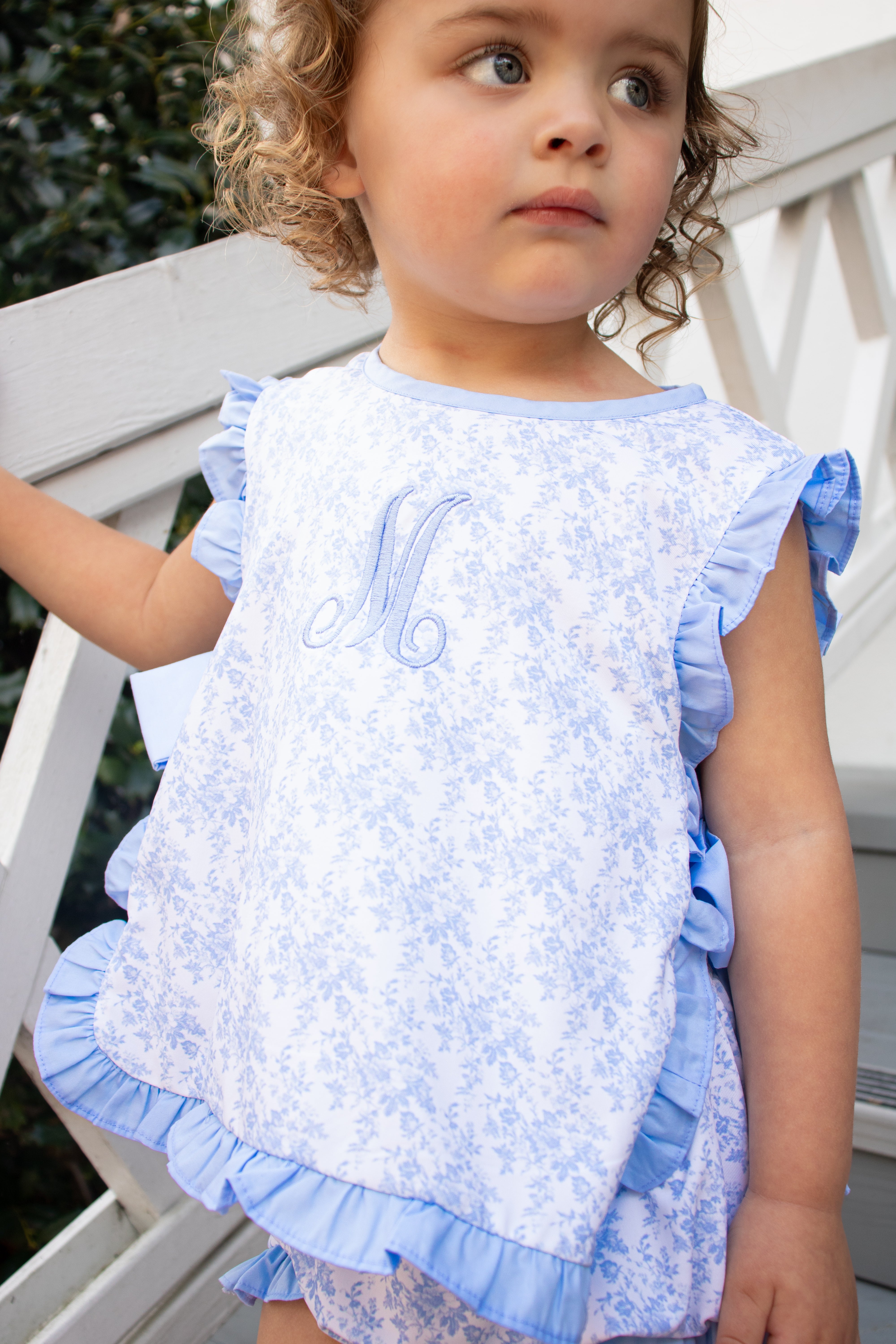 Girls Blue Toile Knit Bloomer Set