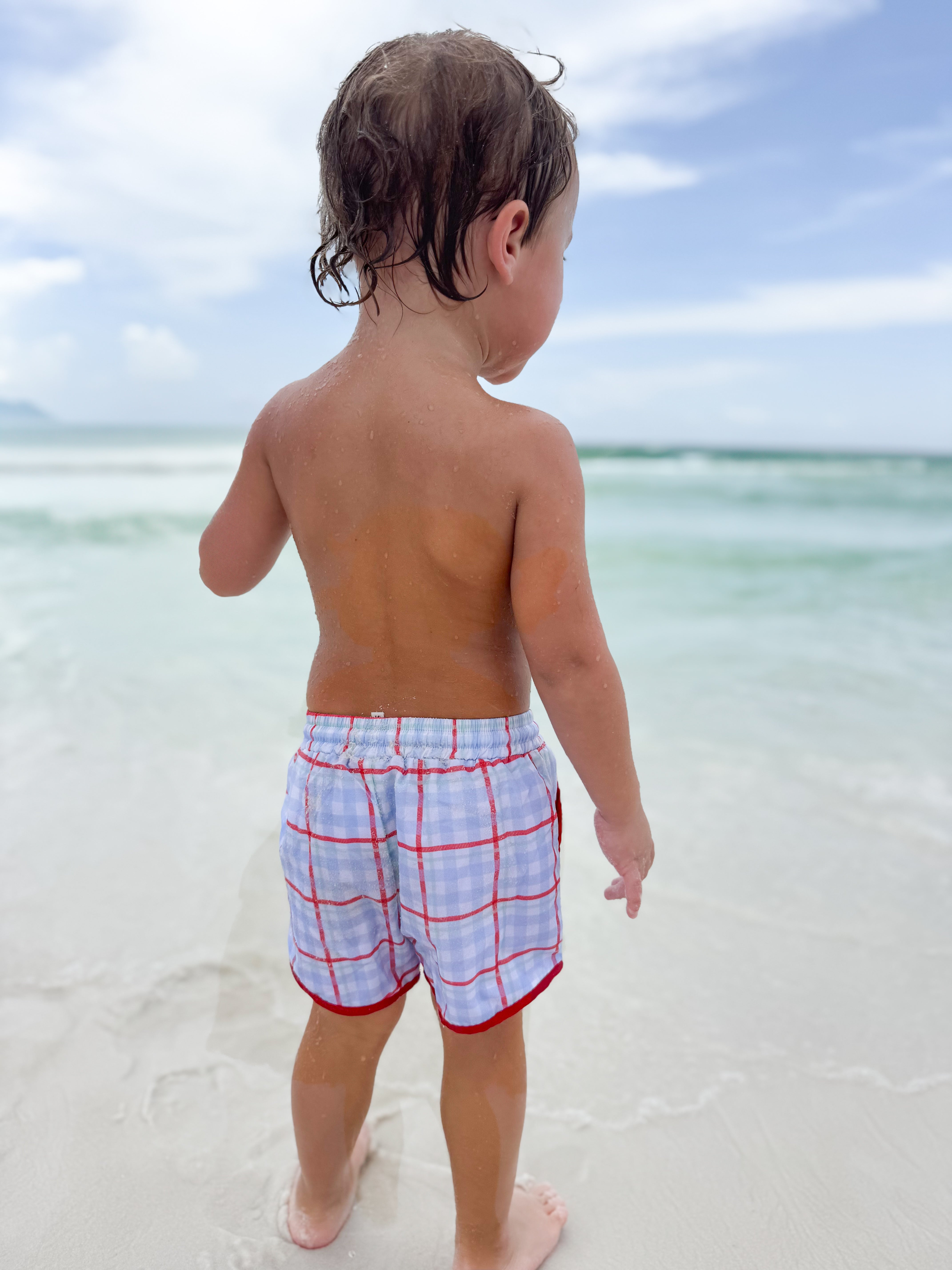 Boys Patriotic Plaid Swim Trunks