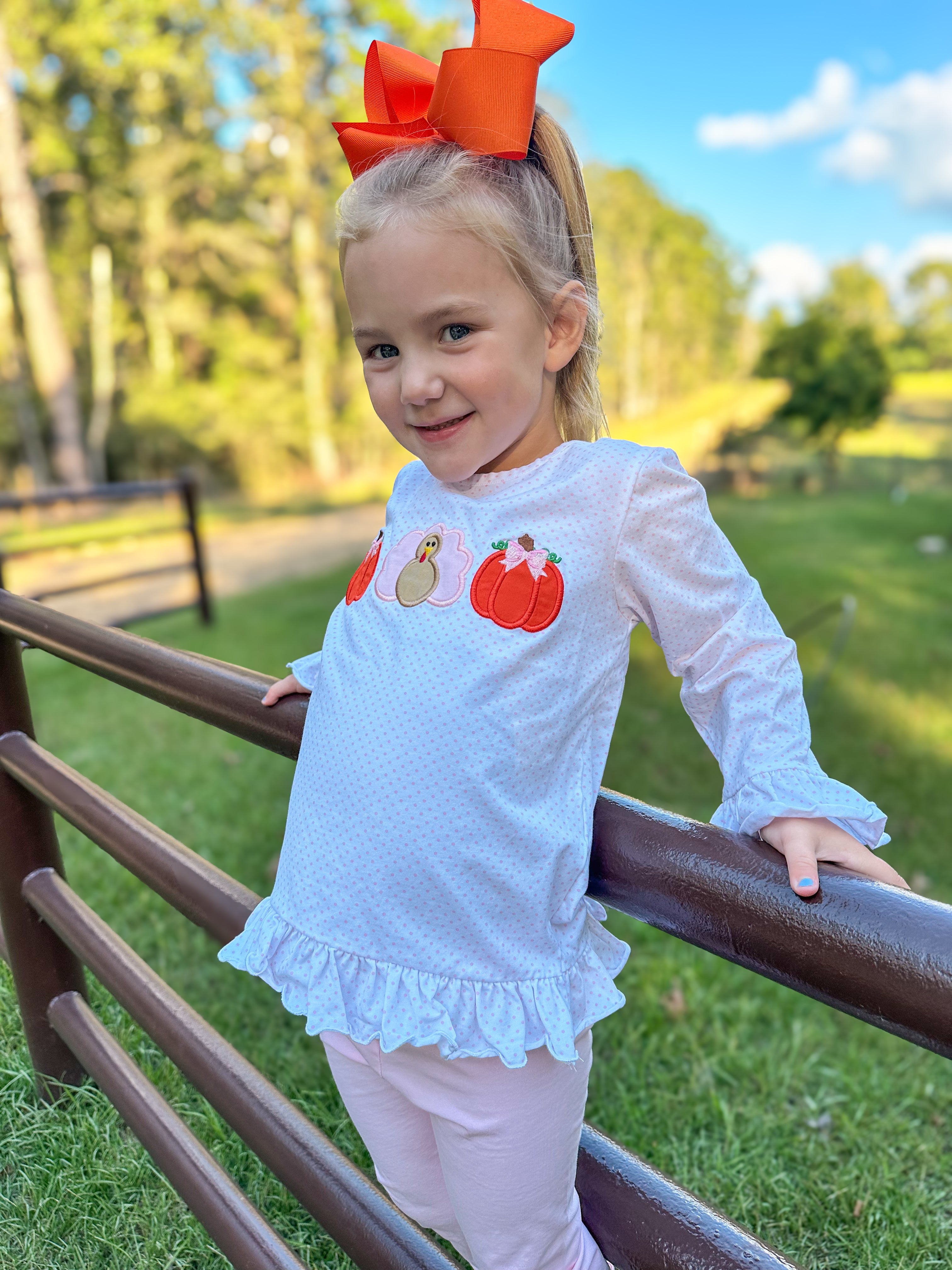 Girls Pink Dot Turkey Pumpkin Appliqué Pant Set RTS