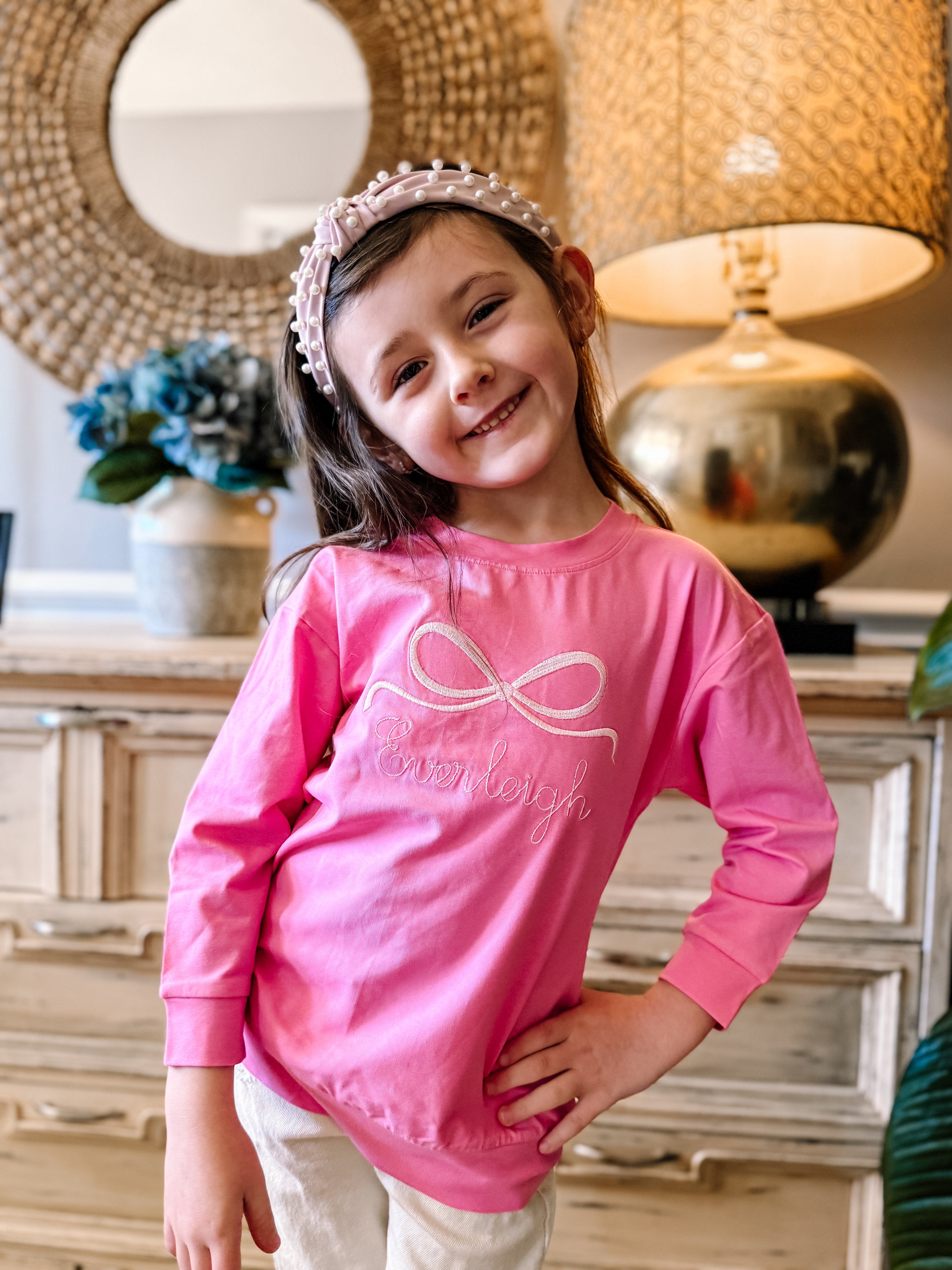 Girls Personalized Bow Embroidery Thin Sweatshirt