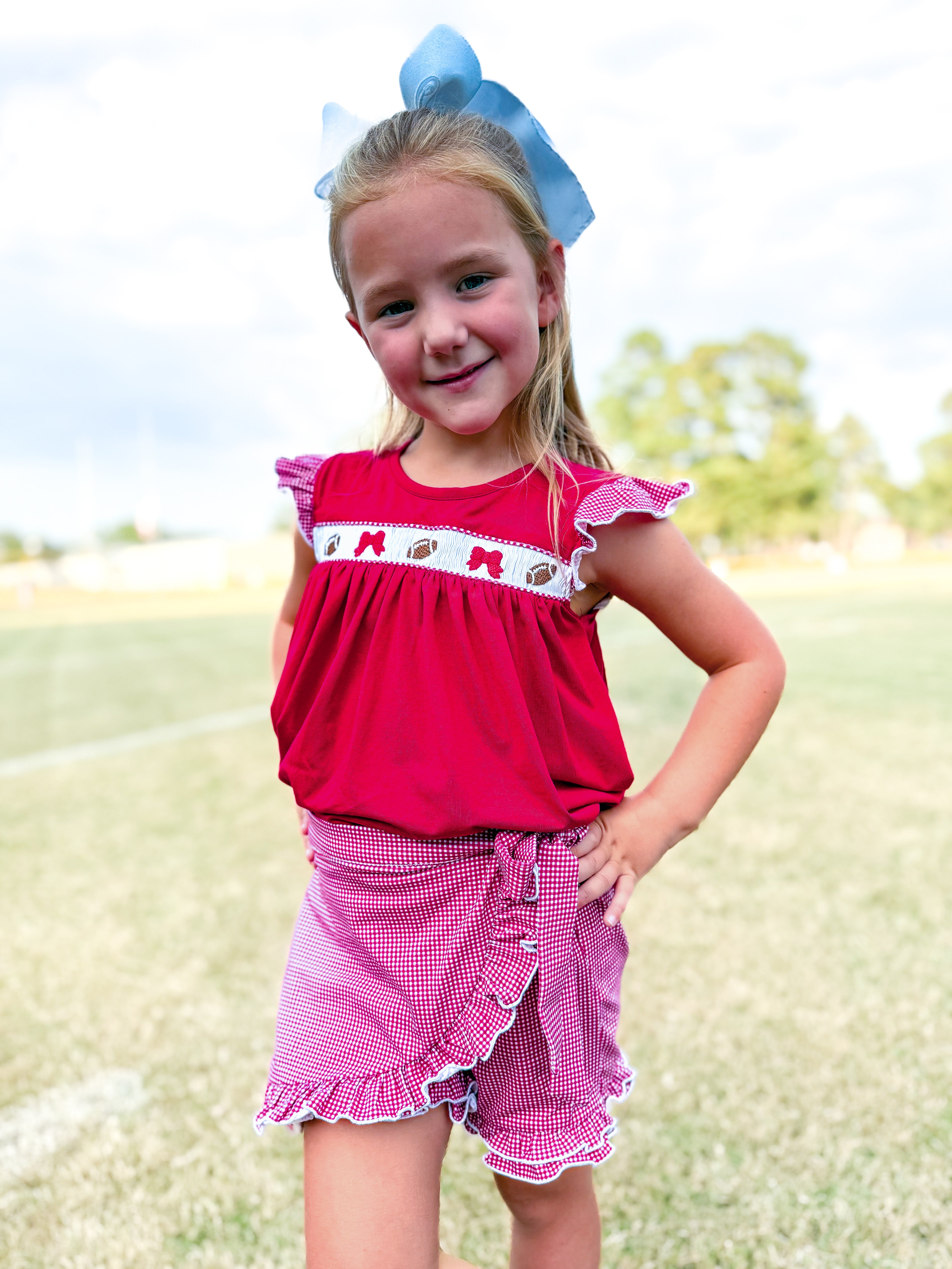 Maroon Smocked Footballs and Bows Tie Skort
