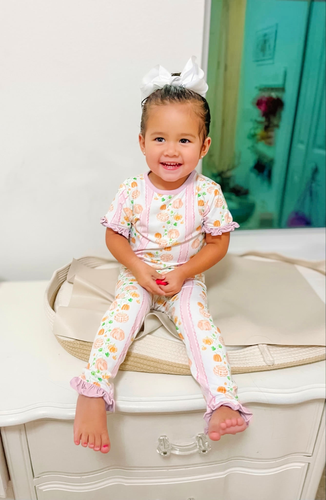 Girls Pink Scallop Pumpkins Pajama Set RTS
