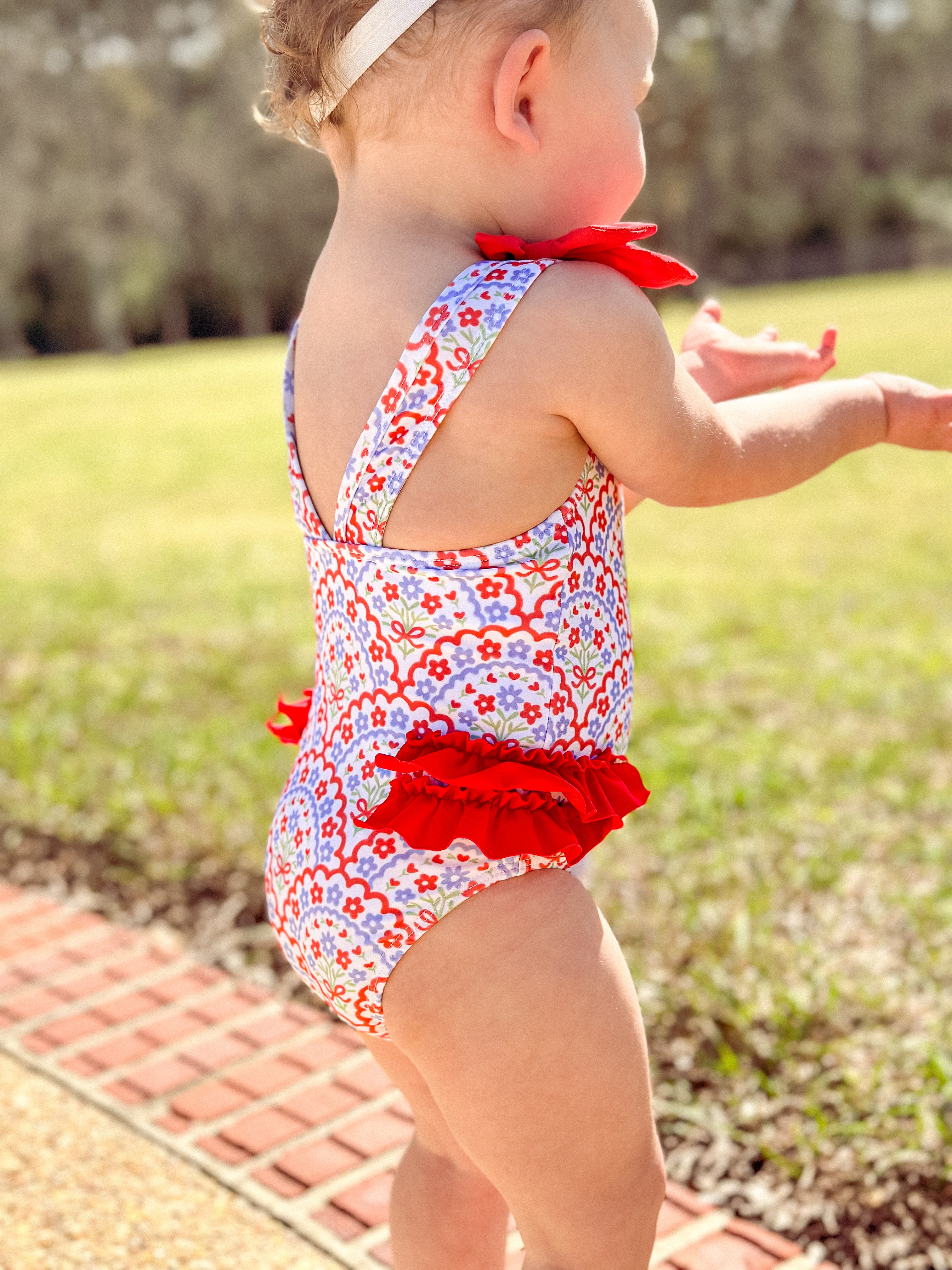 Girls Patriotic Floral 1 Piece Swimsuit