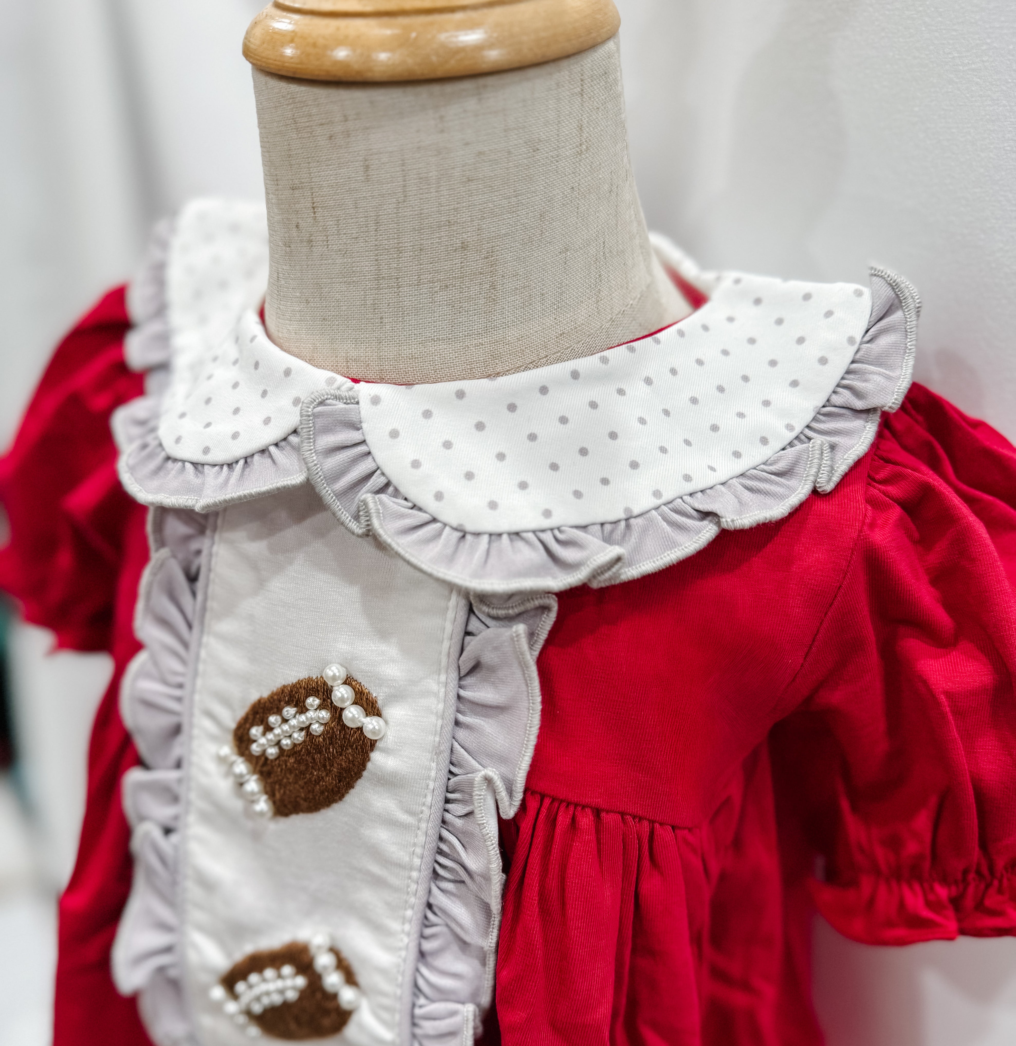 Crimson/Gray Pearl Hand Embroidered Footballs Bloomer Set