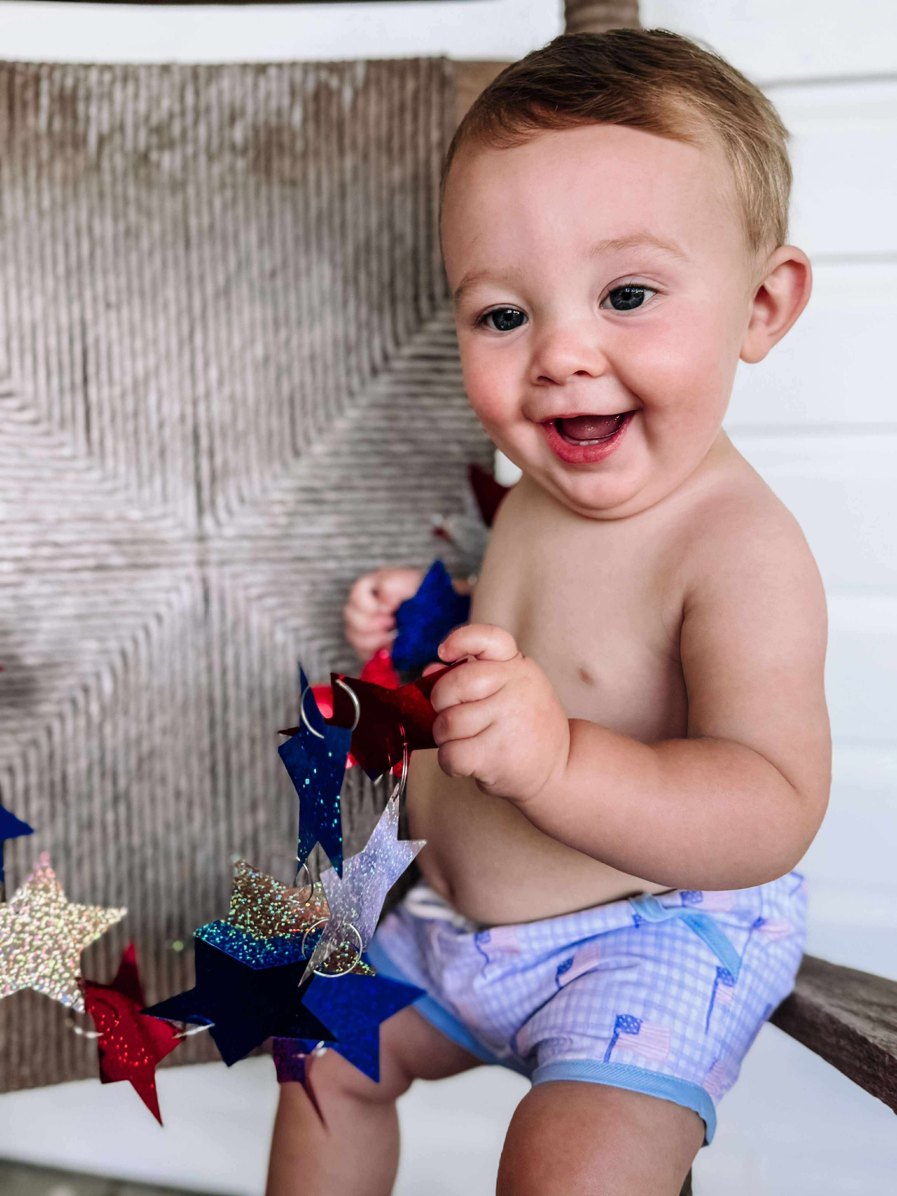 Boys Gingham Flag Swim Trunks