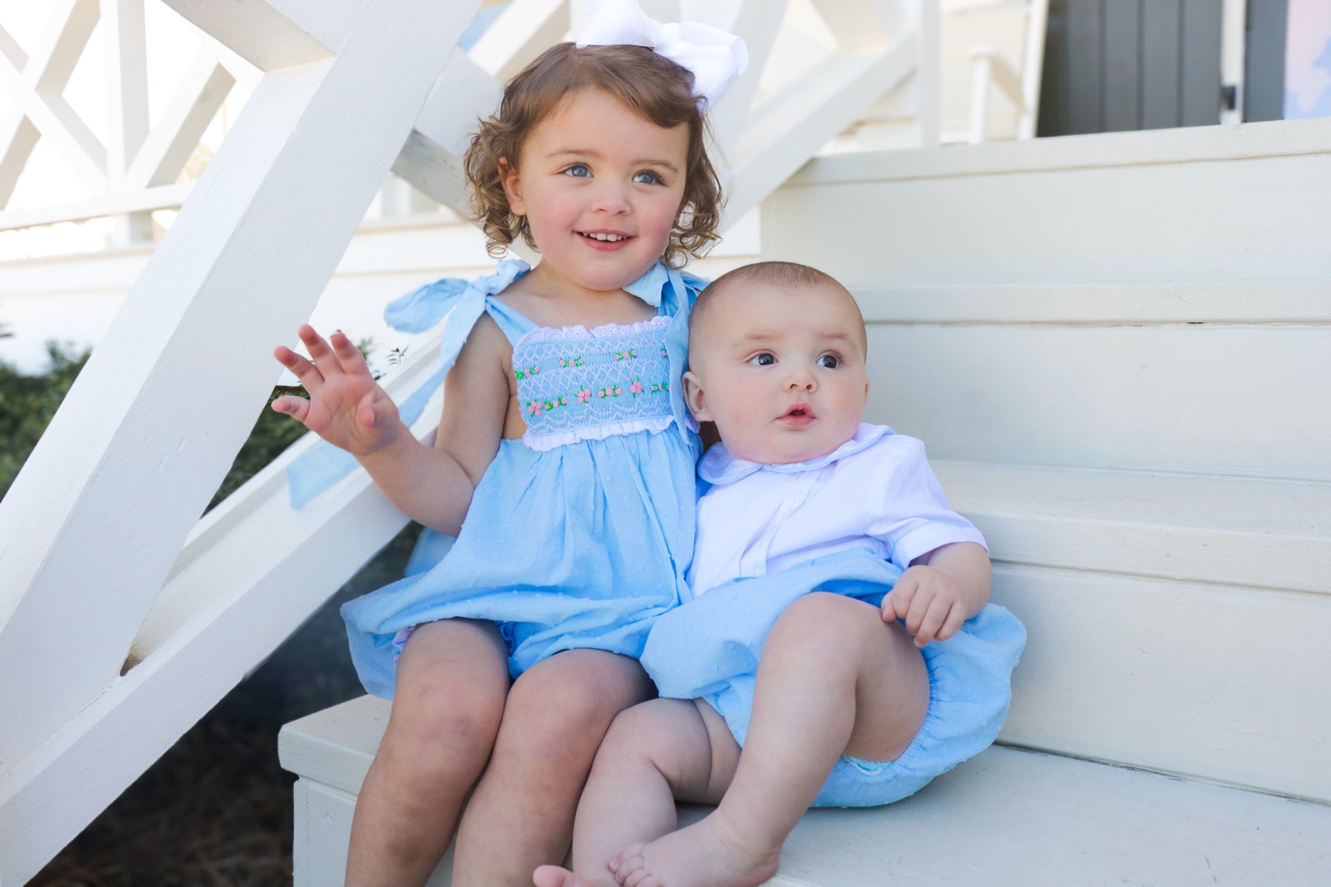 Girls Blue Swiss Dot Smocked Bubble