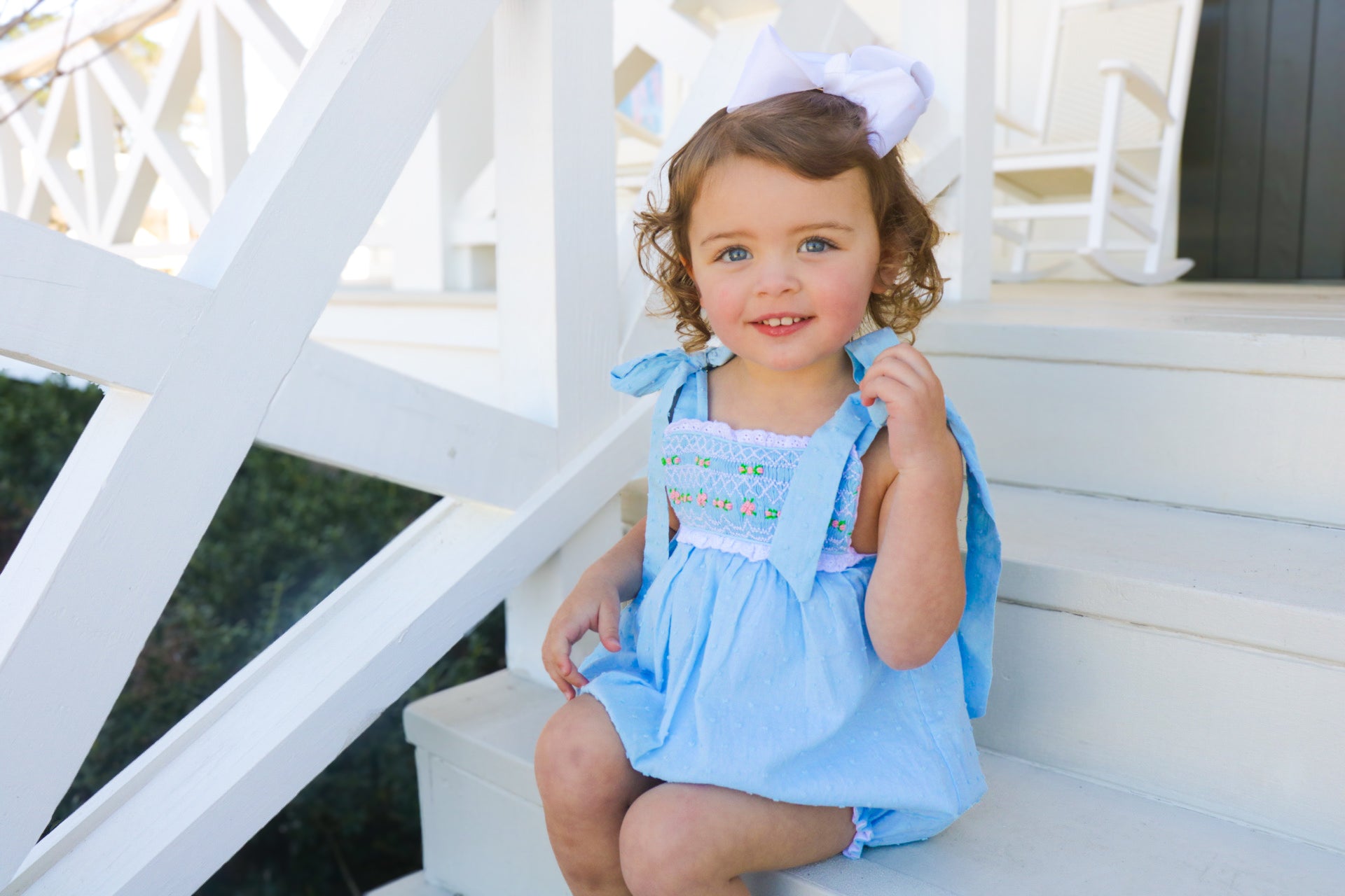 Girls Blue Swiss Dot Smocked Bubble