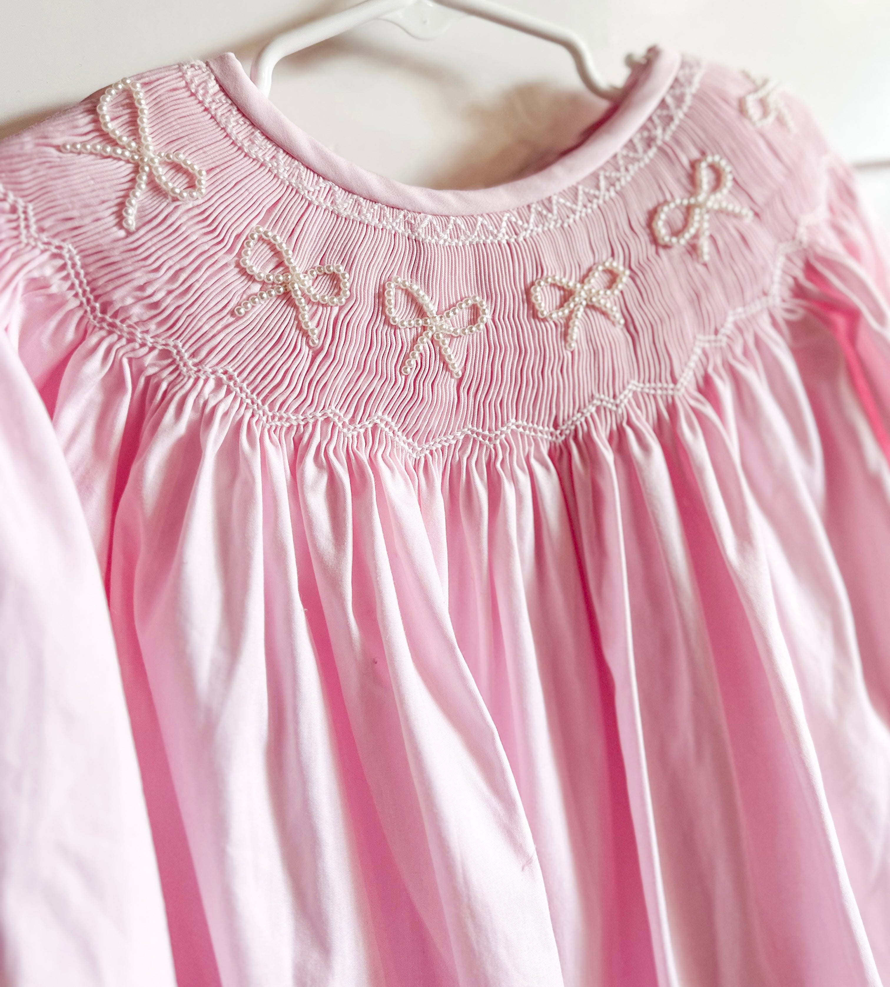 Girls Pink Smocked Pearl Bows Dress