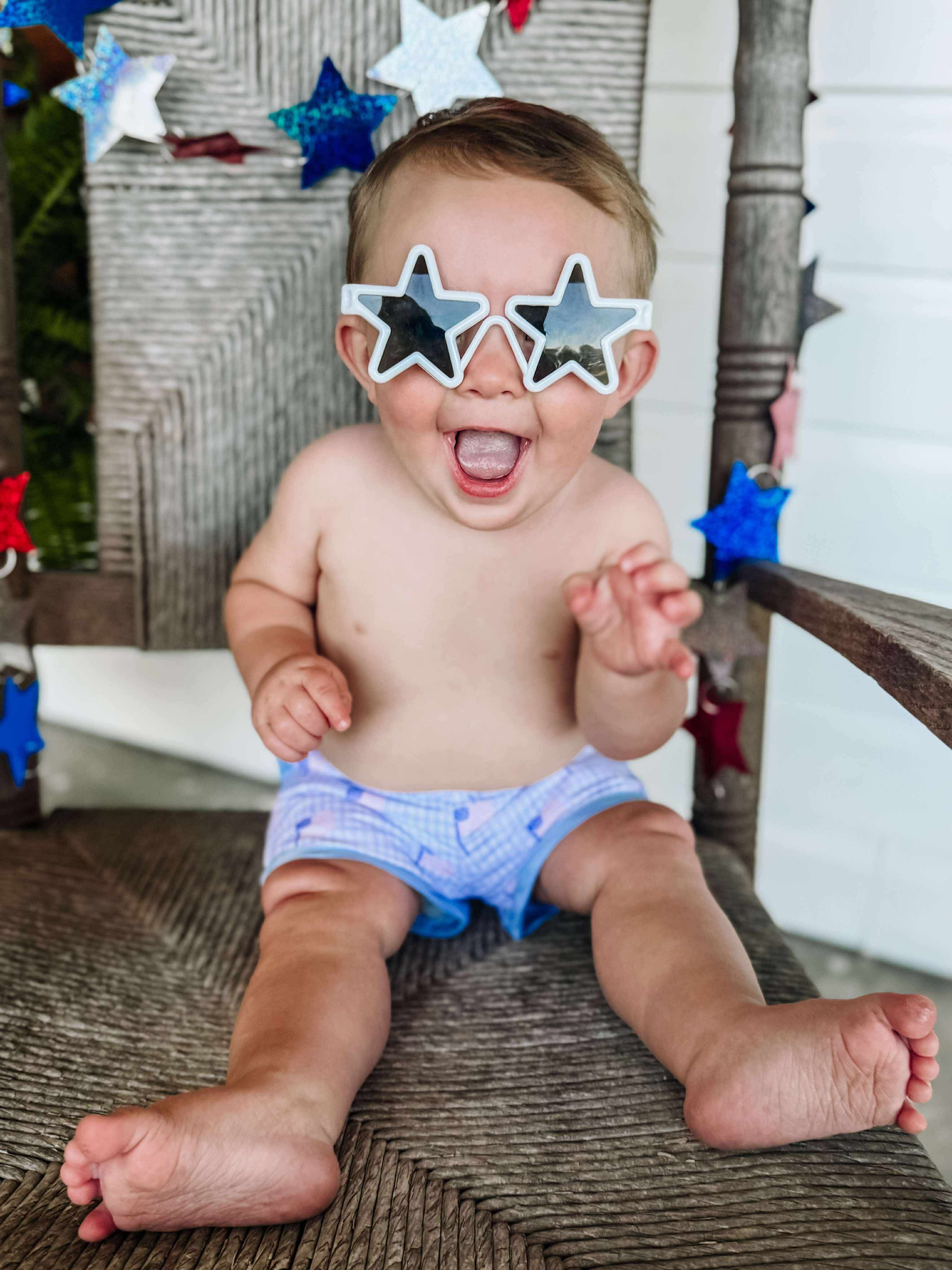 Boys Gingham Flag Swim Trunks
