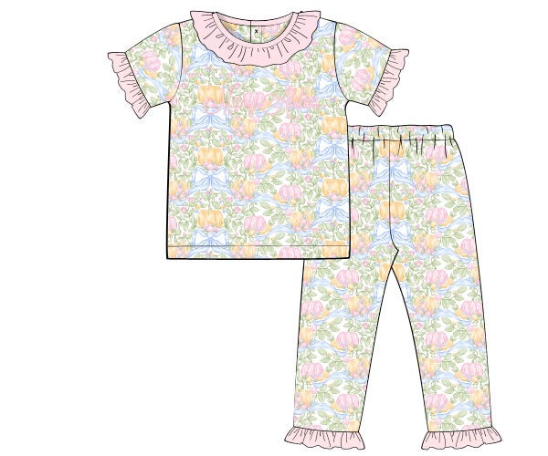Girls Grand Millennial Pumpkins Knit Pajamas