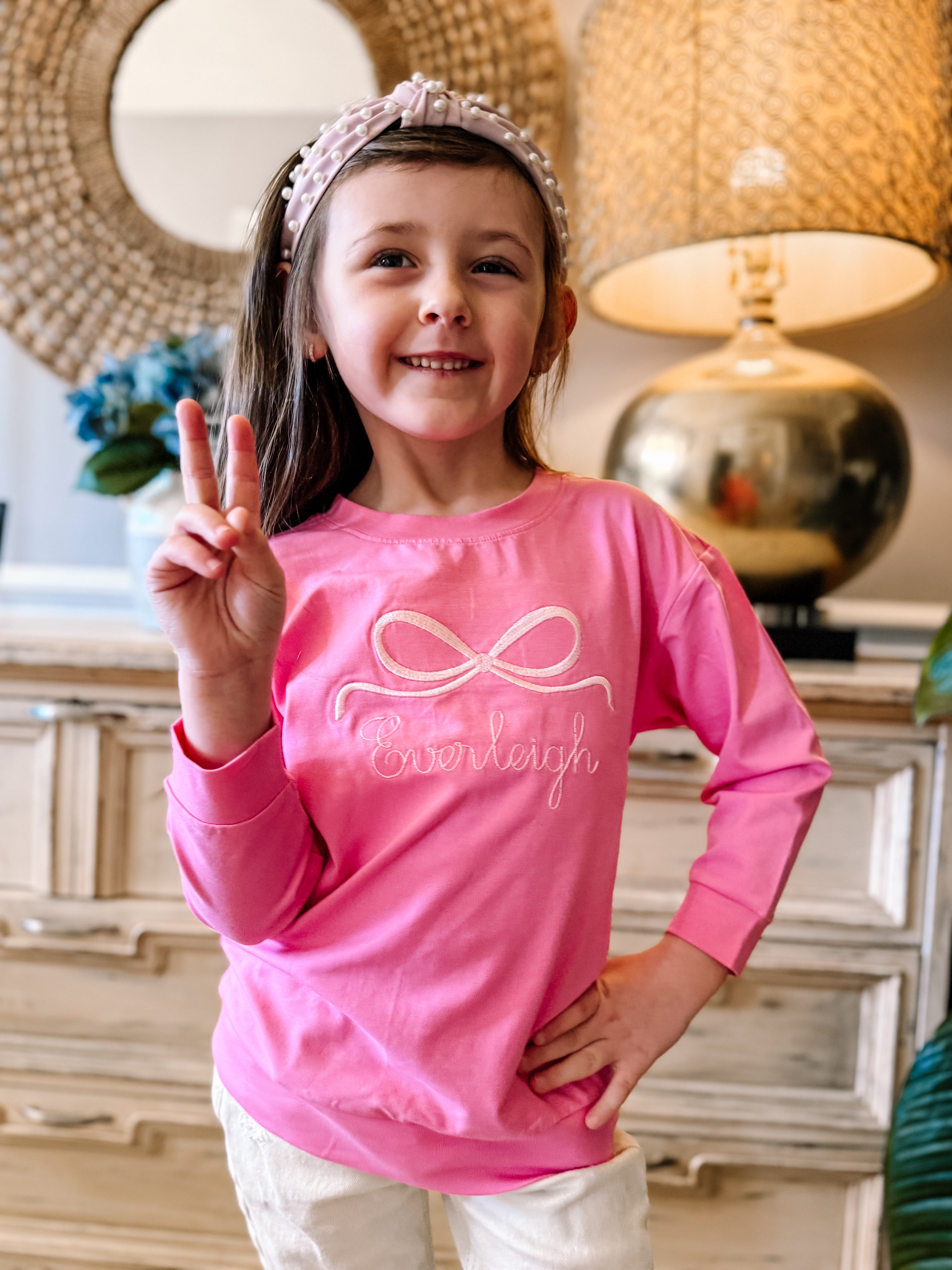 Girls Personalized Bow Embroidery Thin Sweatshirt