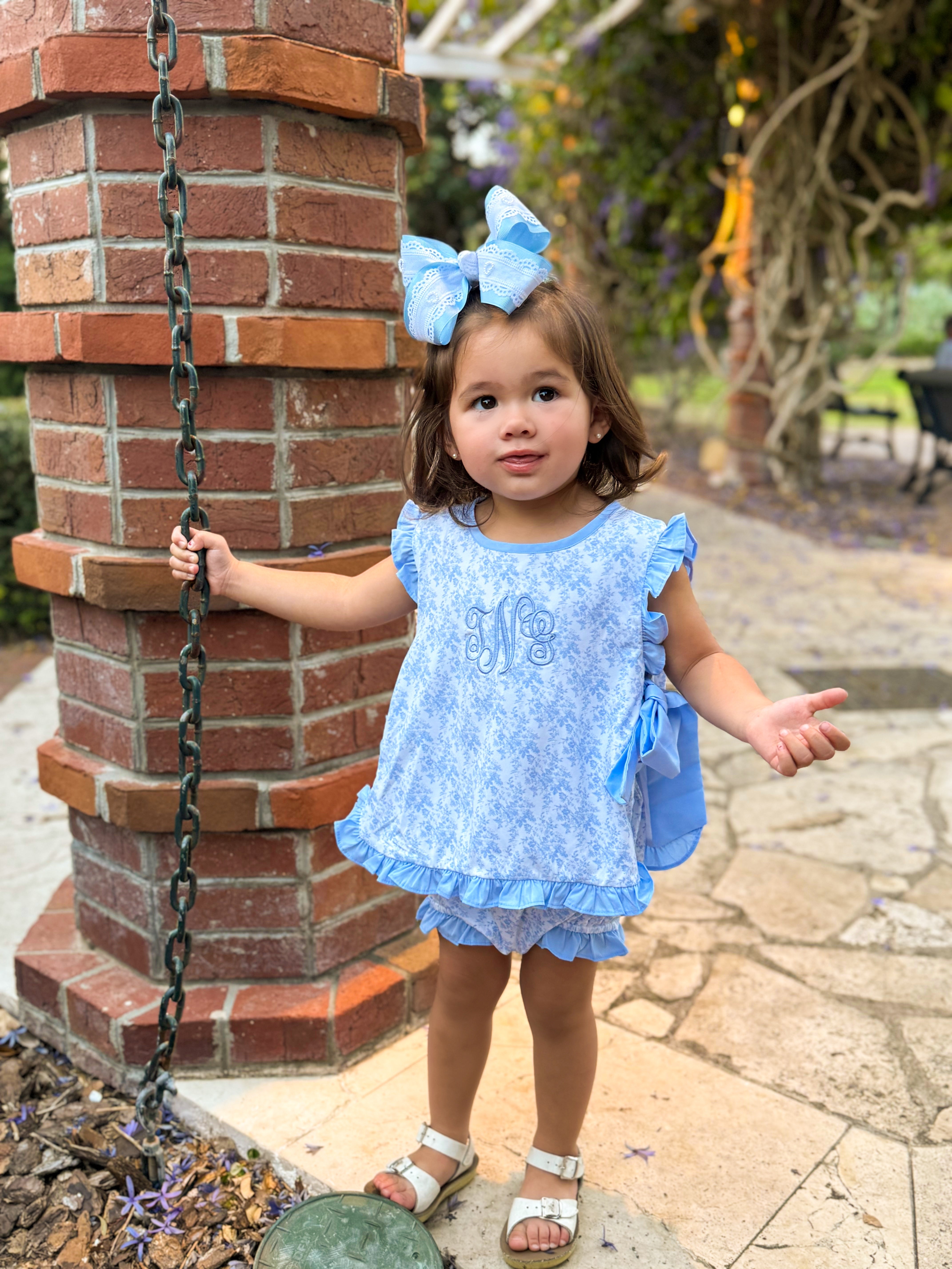 Girls Blue Toile Knit Bloomer Set