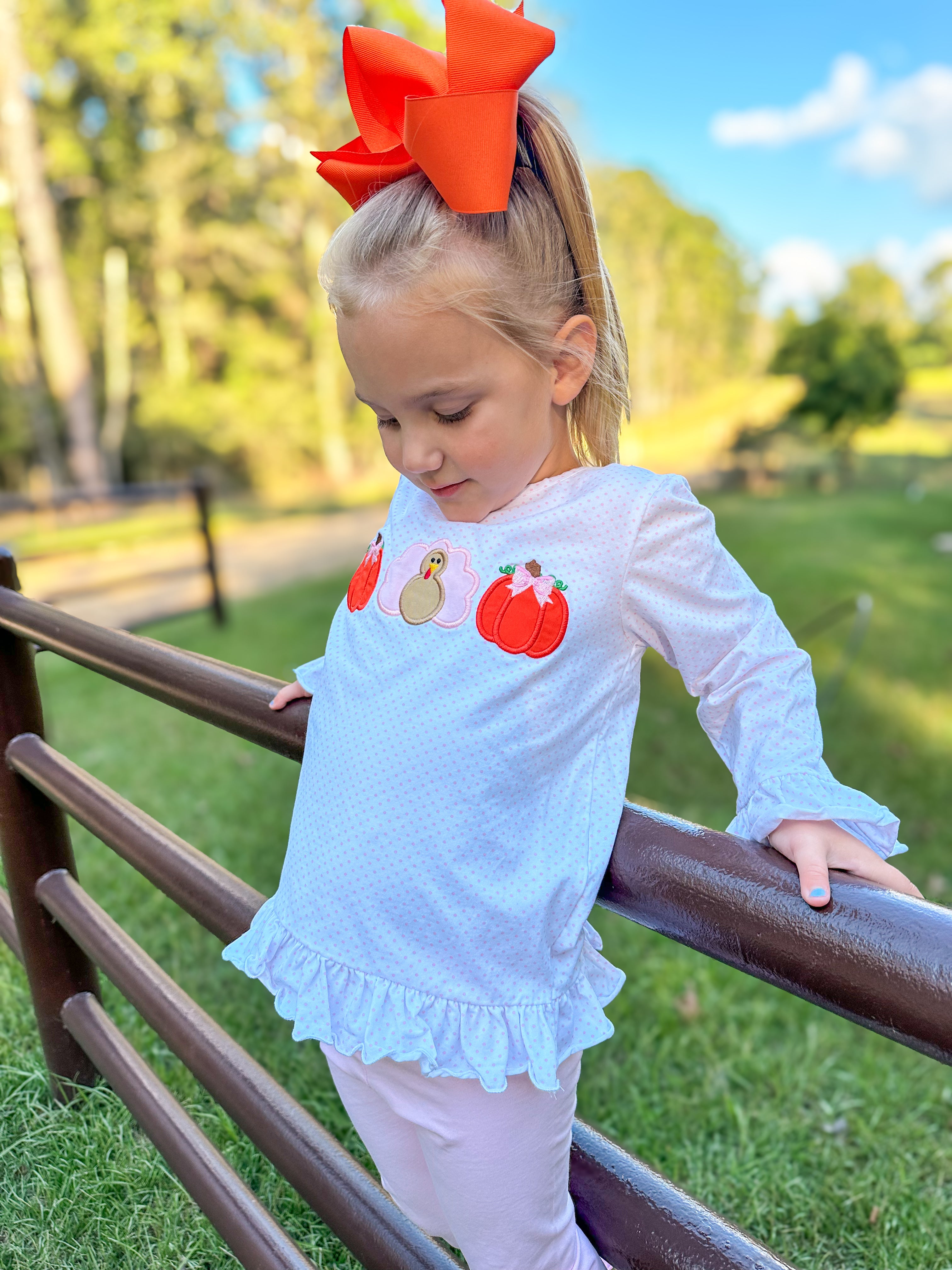 Girls Pink Dot Turkey Pumpkin Appliqué Pant Set RTS