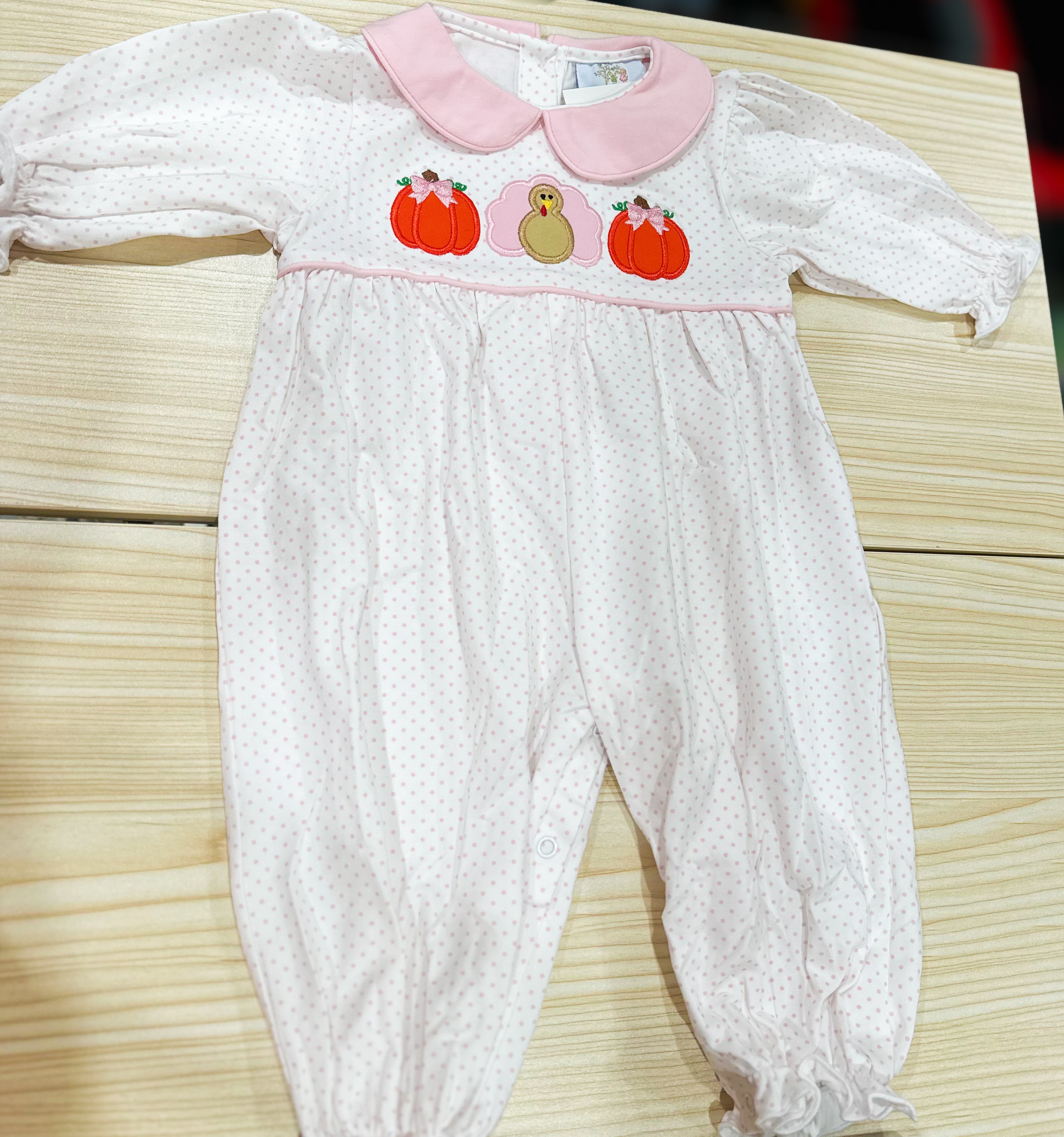 Girls Pink Dot Turkey Pumpkin Appliqué Ruffle Romper RTS