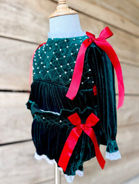 Girls Green Velvet Smocked Bloomer Set