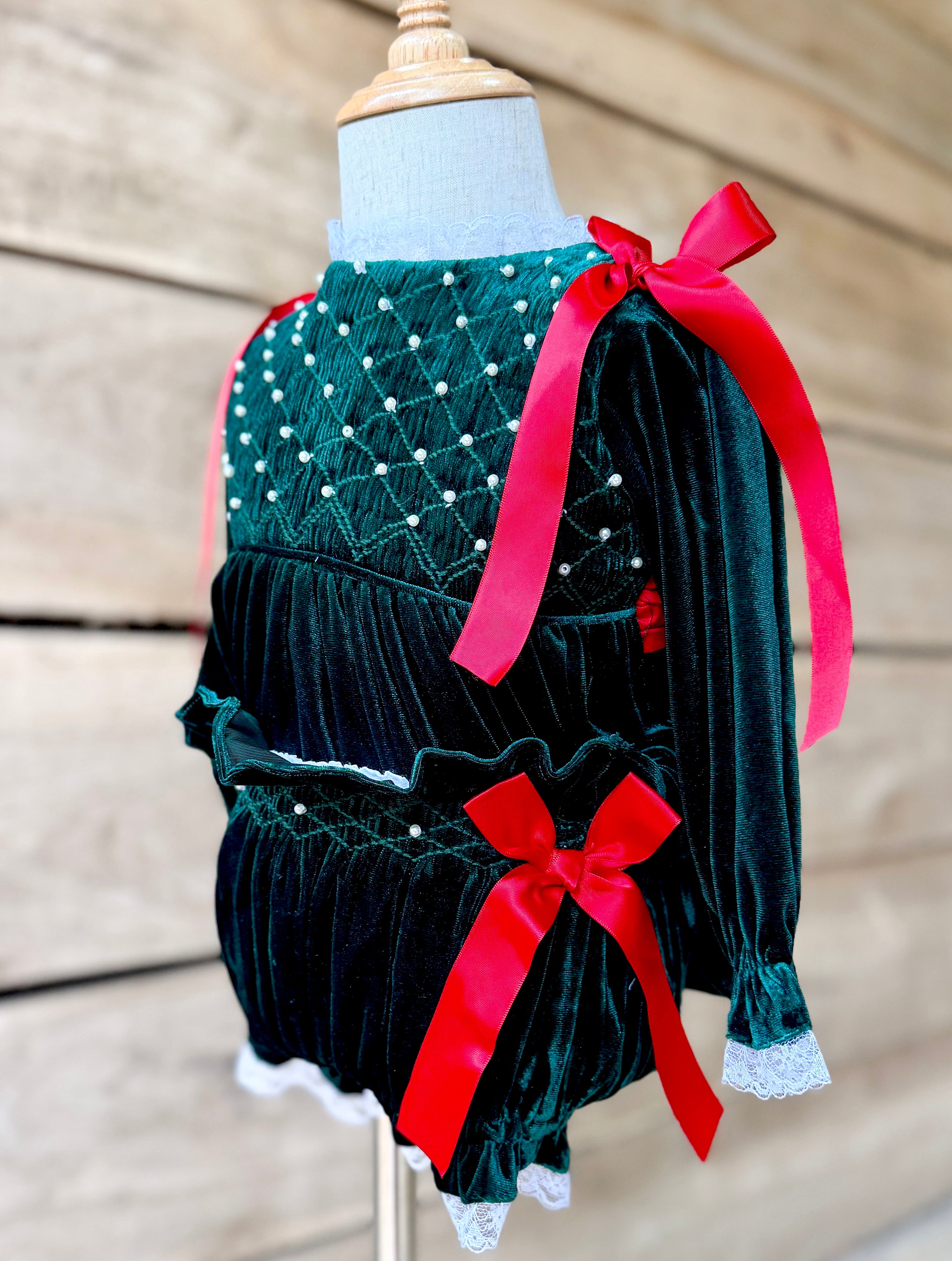 Girls Green Velvet Smocked Bloomer Set