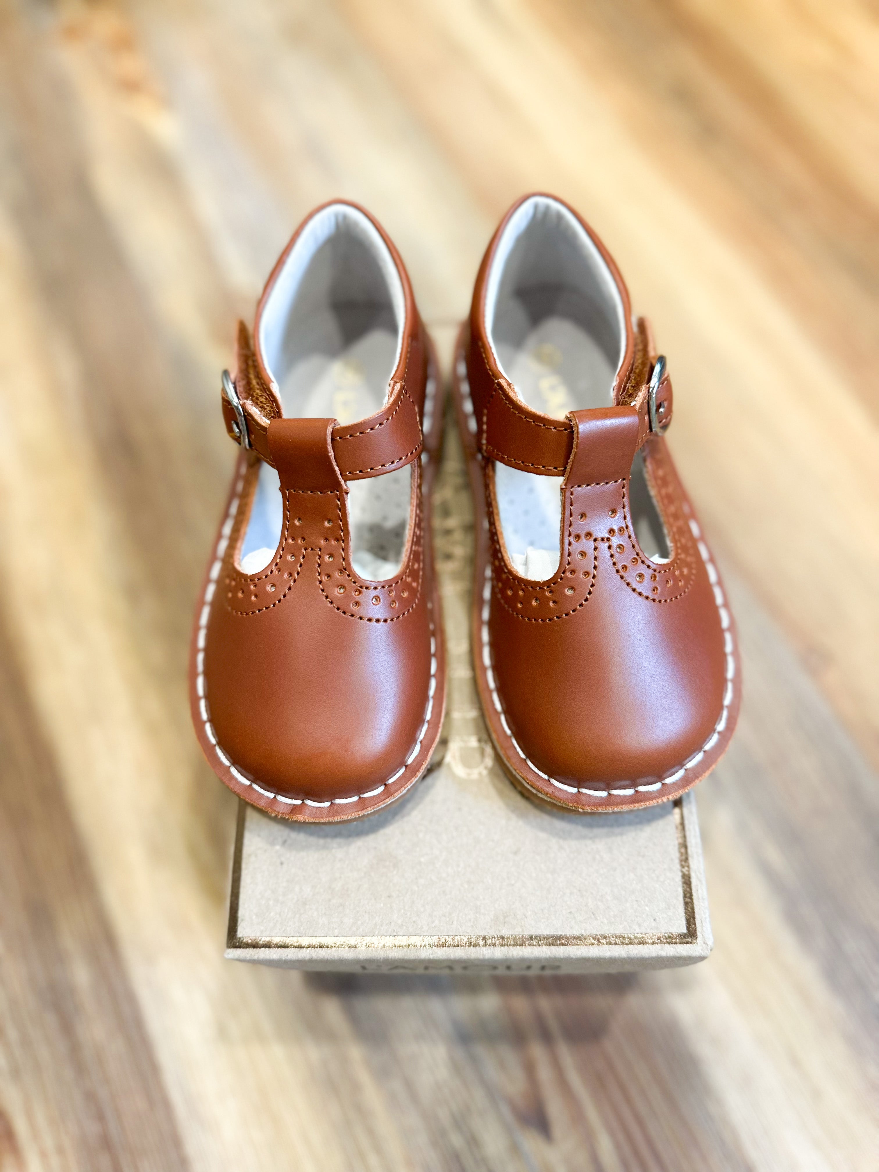 PRE ORDER Frances Cognac T-Strap Perforated Mary Jane
