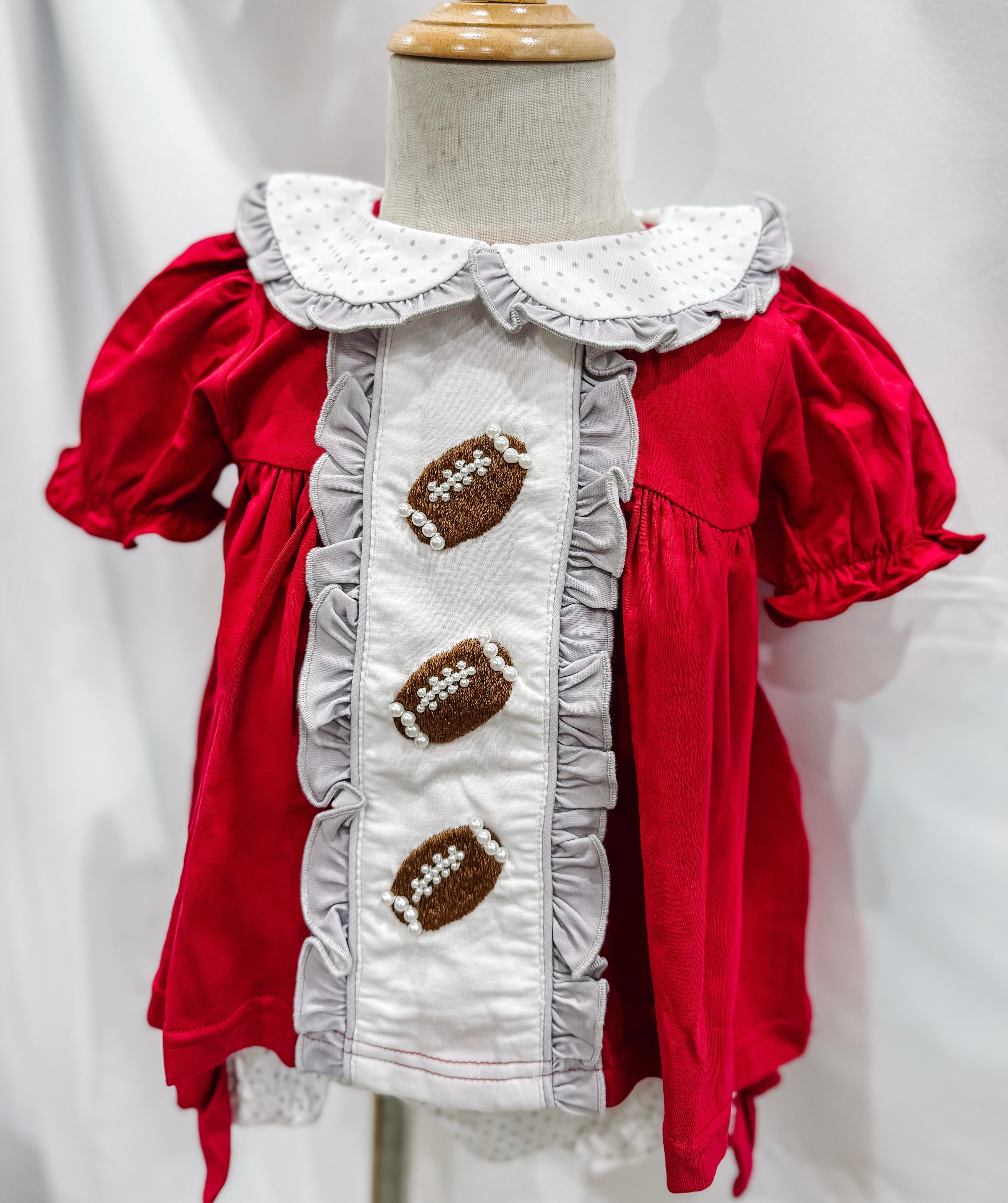 Crimson/Gray Pearl Hand Embroidered Footballs Bloomer Set