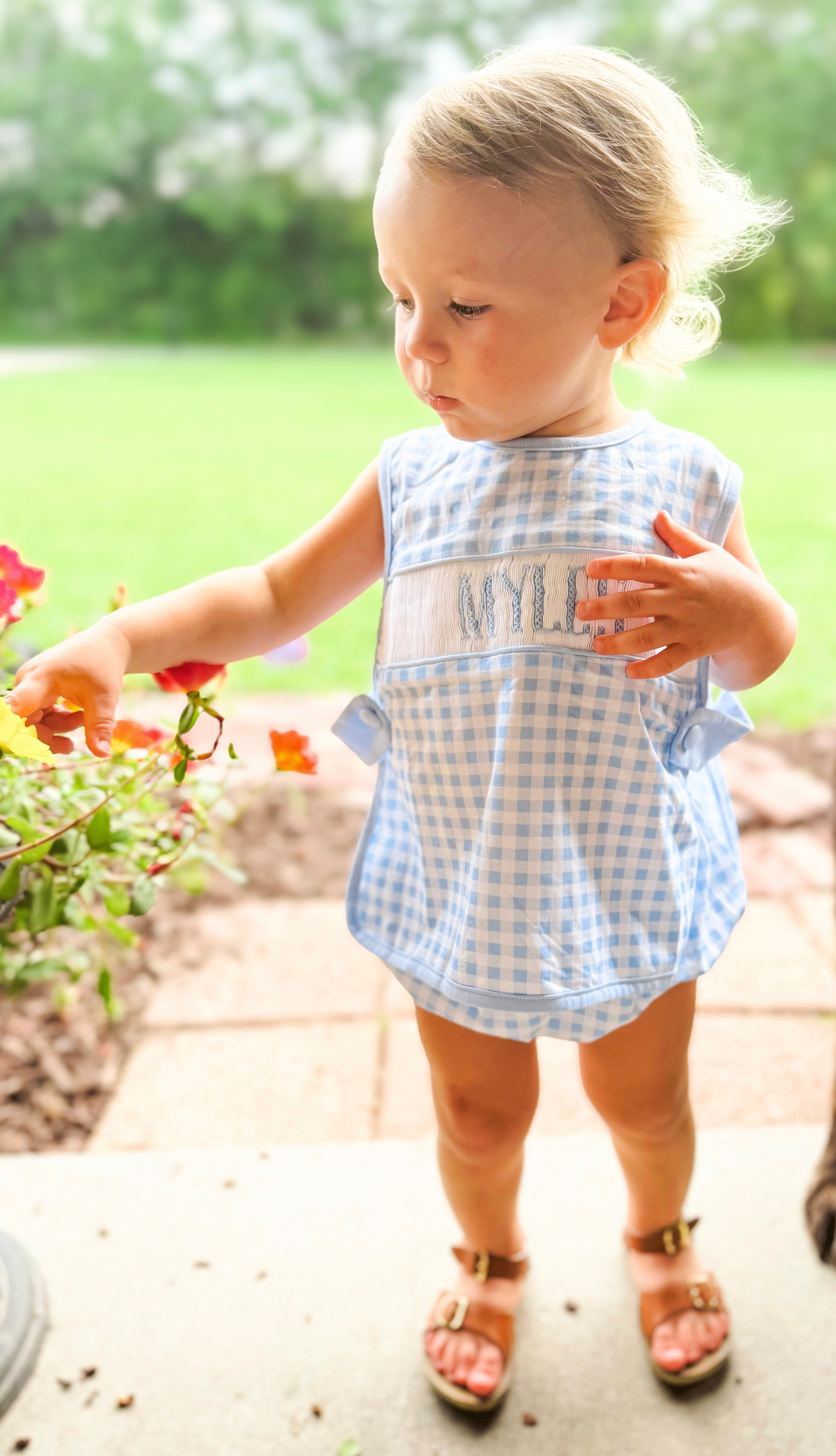 Boys “LITTLE BROTHER” Smocked Blue Gingham Diaper Set