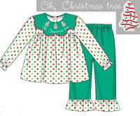 Girls Oh Christmas Tree French Knot Ruffle Pants Set