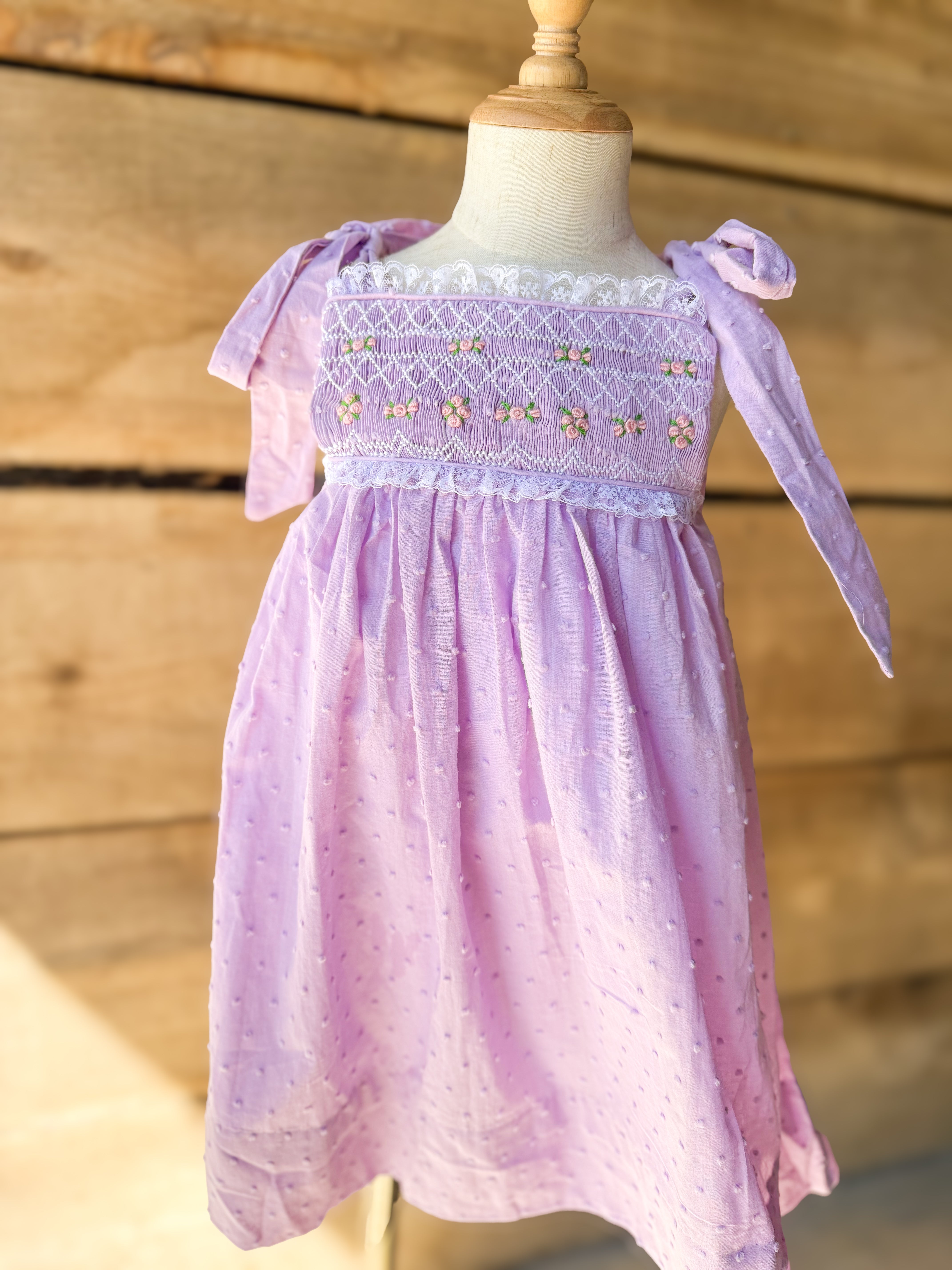 Girls Purple Swiss Dot Heirloom Smocked Dress