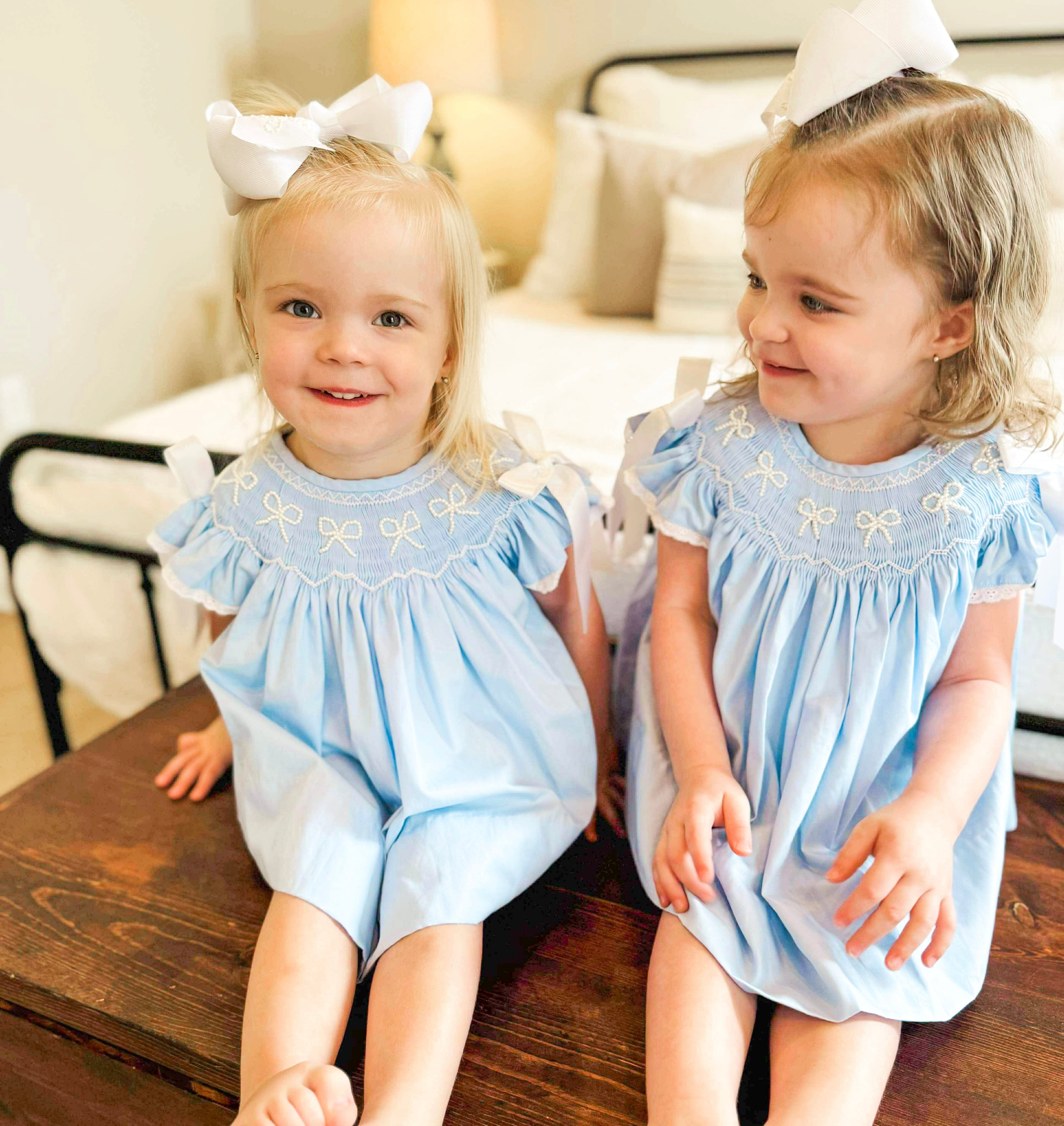 Girls Blue Smocked Pearl Bows Bloomer Set