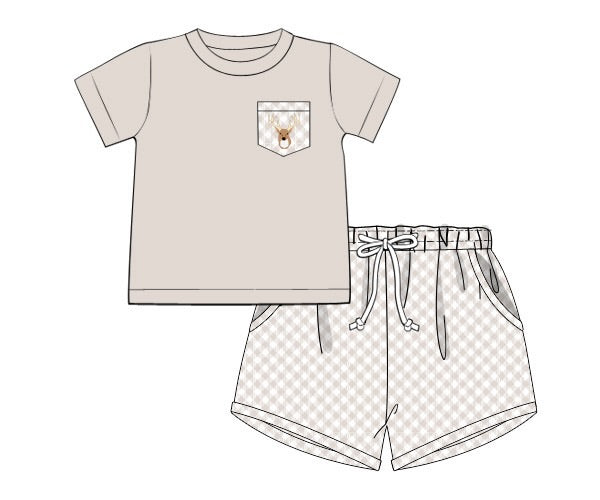 Boys Embroidered Hunting Deer Short Set